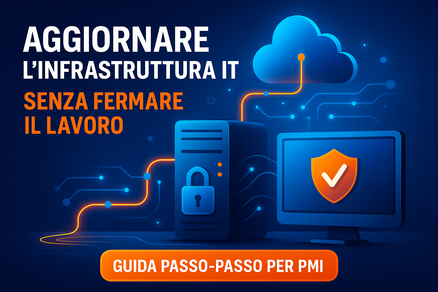 Aggiornamento infrastrutturale IT con server, cloud e scudo di sicurezza