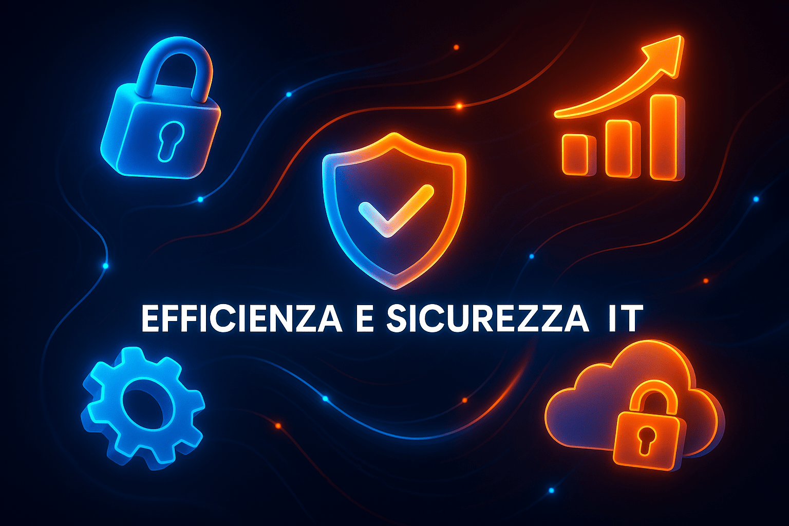 Efficienza e sicurezza IT con scudo luminoso e icone 3D blu-arancio