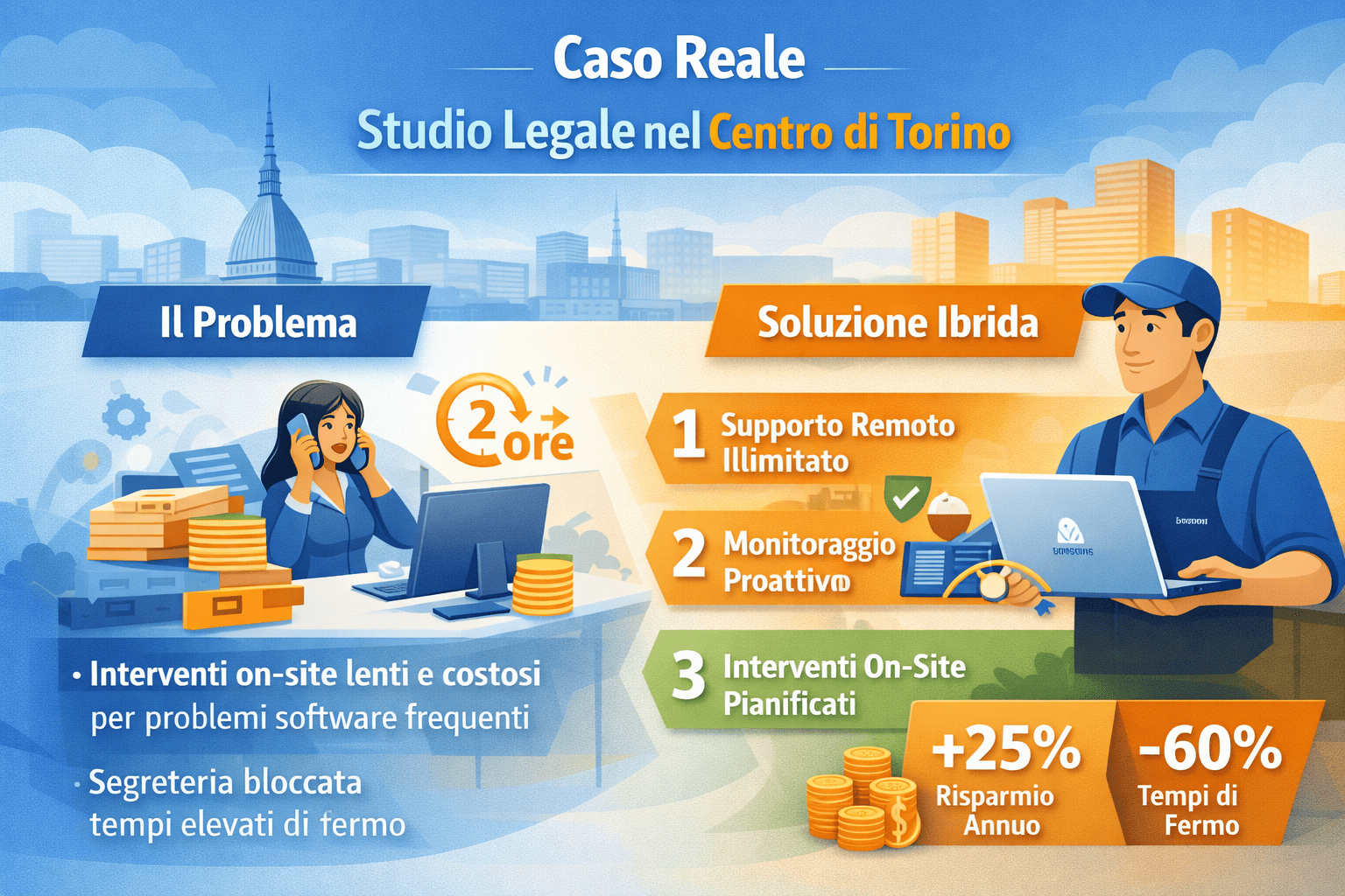 Caso reale assistenza IT ibrida per studio legale a Torino con supporto remoto e on-site unificato da AscenSys