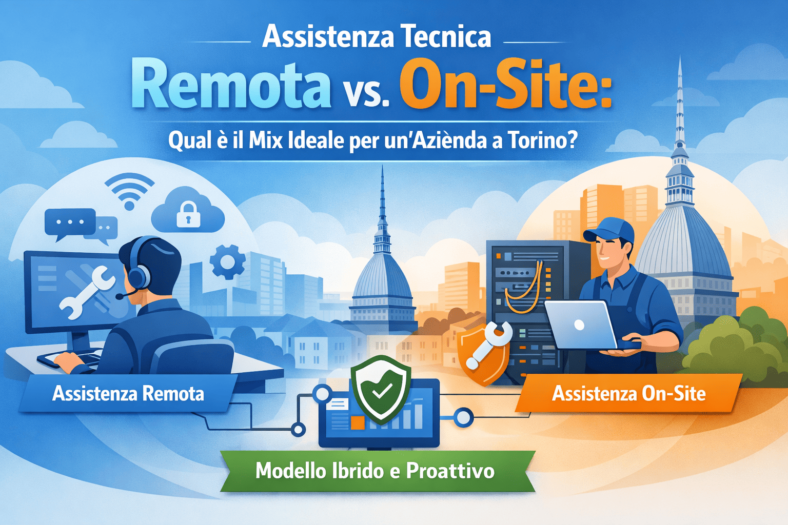 Assistenza IT ibrida per PMI a Torino: supporto remoto immediato e interventi on-site pianificati per continuità operativa