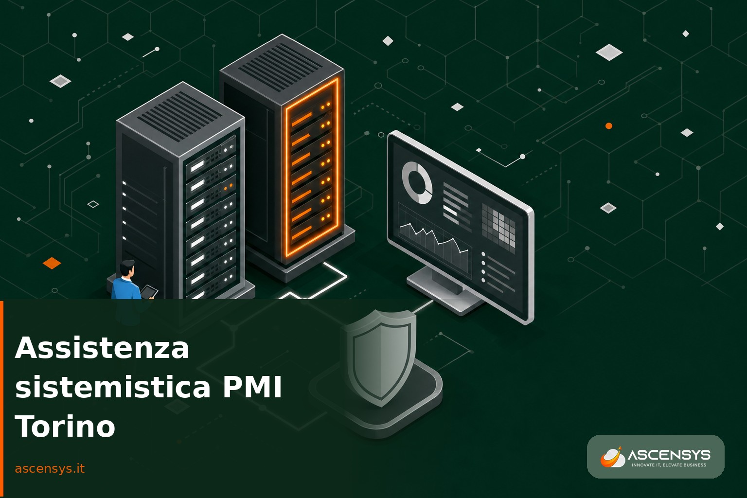 Illustrazione isometrica di una sala server gestita da un tecnico AscenSys per assistenza sistemistica delle PMI di Torino