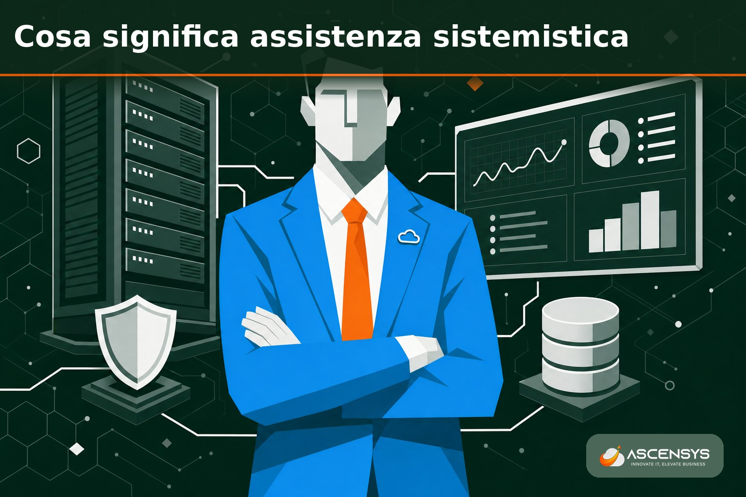 Consulente sistemista AscenSys monitora i server di una PMI di Torino in una sala CED con dashboard di controllo
