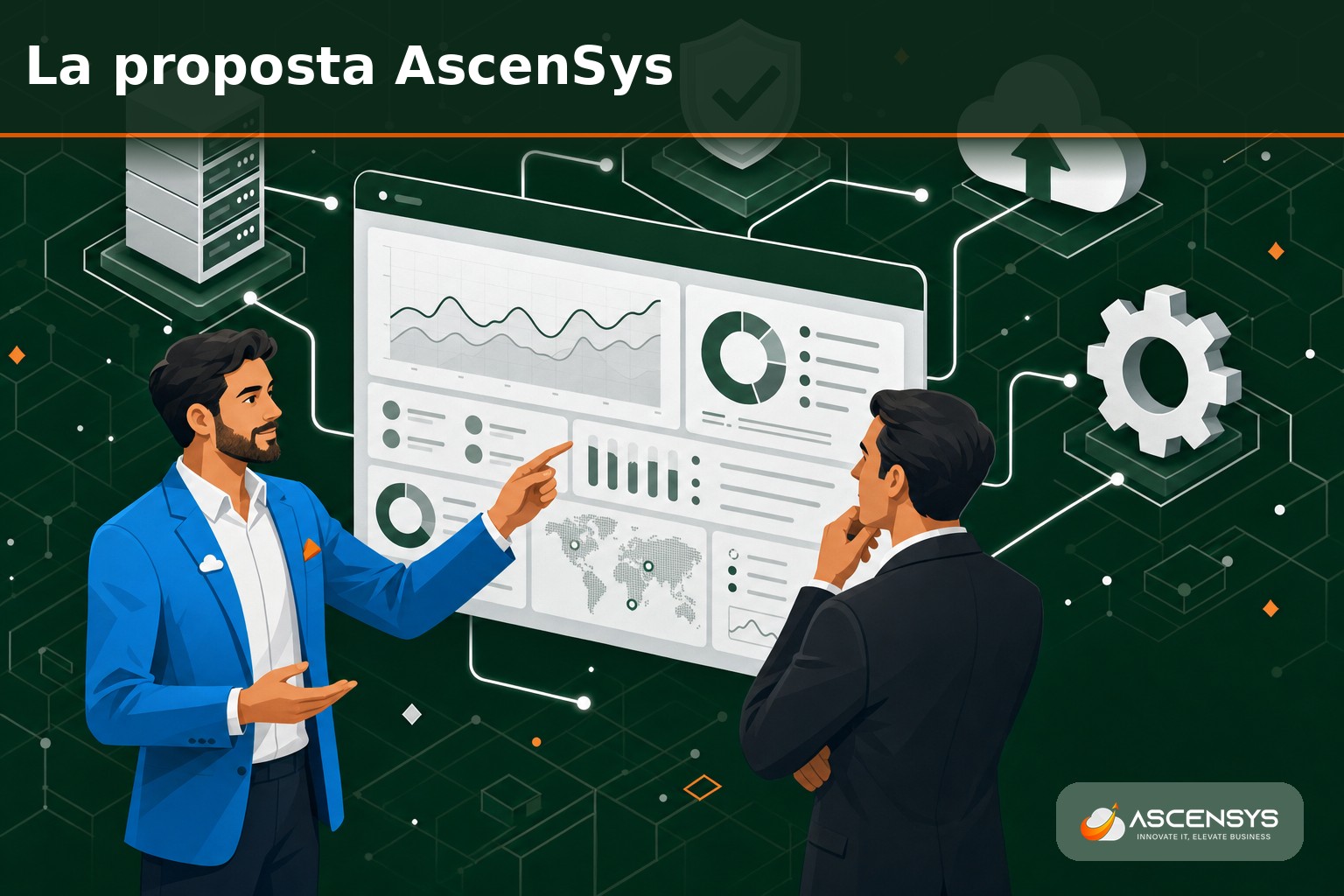 Tecnico AscenSys e cliente esaminano lo stato dei server e dei backup durante un servizio di assistenza sistemistica a Torino