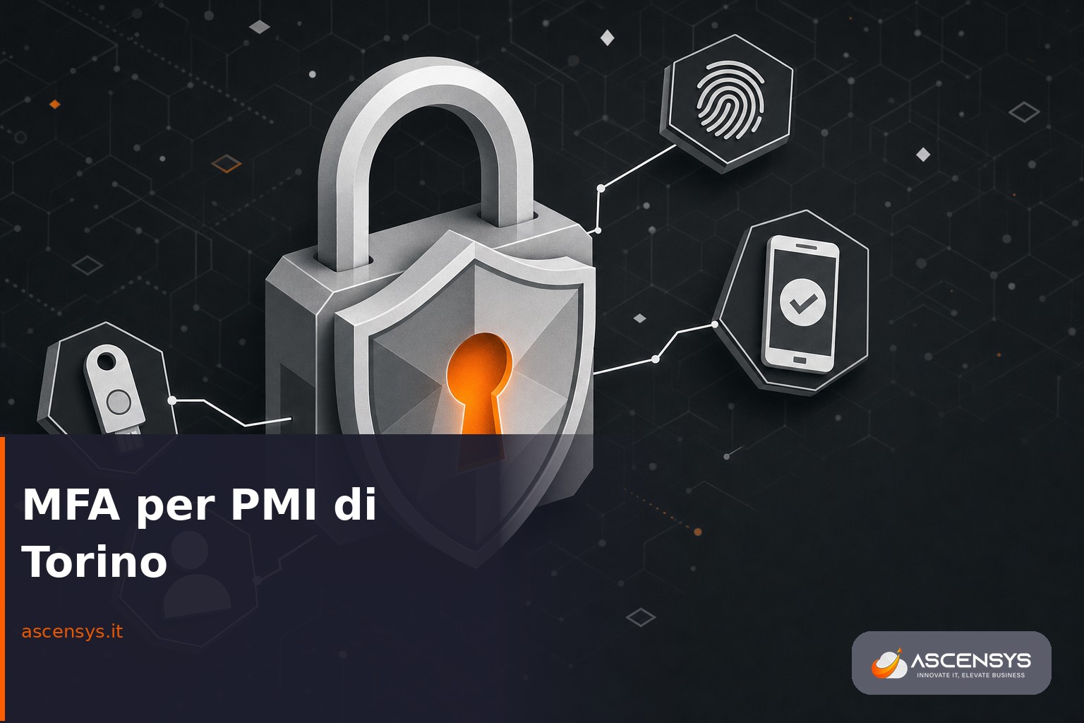 Lucchetto digitale con scudo e chiave in stile illustrazione che rappresenta autenticazione multifattore MFA per la sicurezza delle PMI di Torino