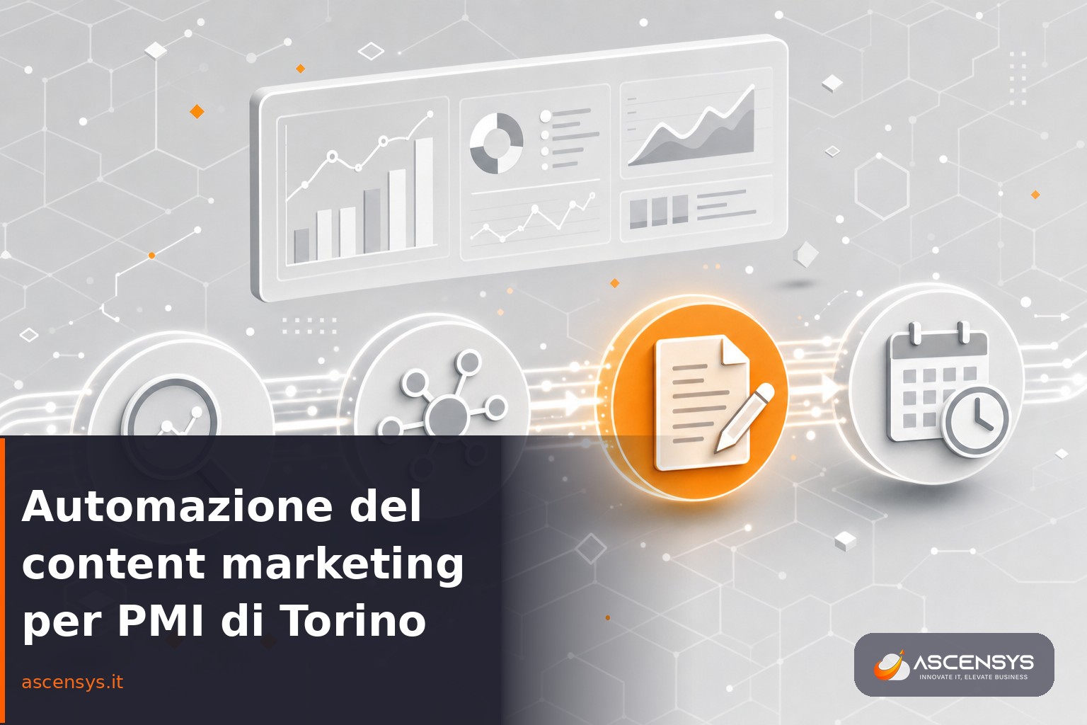 Visualizzazione astratta di un flusso automatizzato di produzione contenuti per il content marketing di una PMI di Torino, con nodi e dashboard collegati
