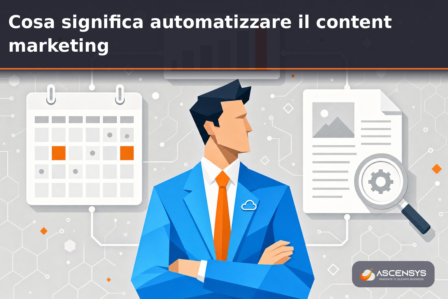 Consulente AscenSys mostra a una PMI di Torino un sistema automatizzato di content marketing con calendario editoriale e metriche SEO su dashboard