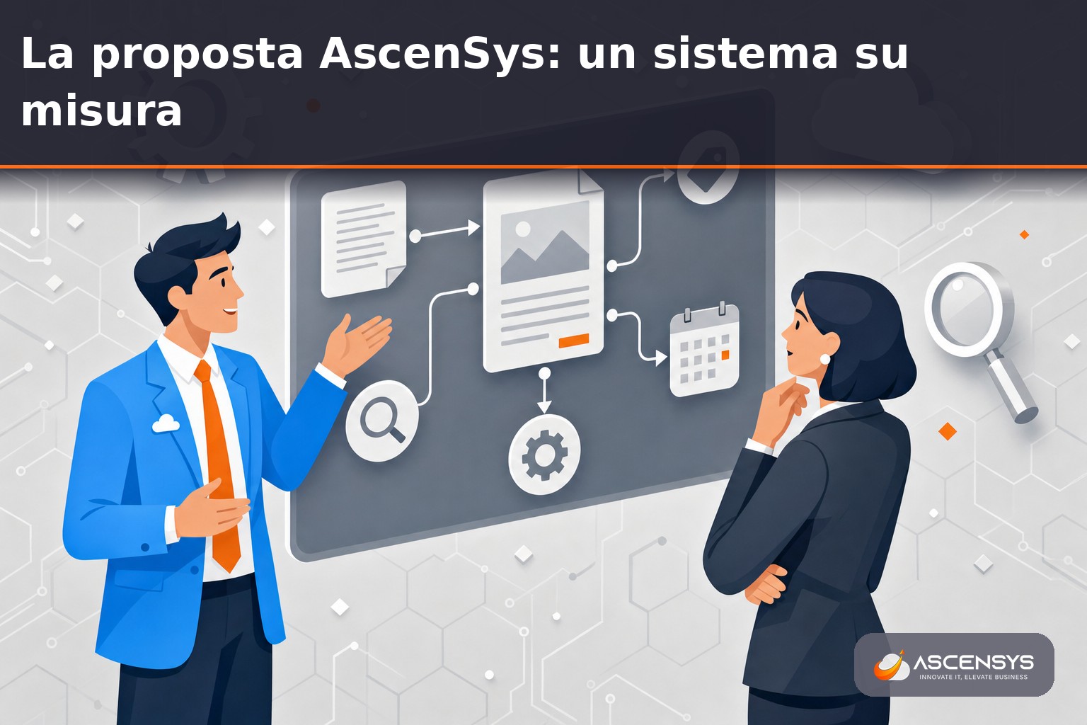 Consulente AscenSys e titolare di PMI di Torino configurano insieme un sistema automatizzato di content marketing con temi, keyword e calendario editoriale