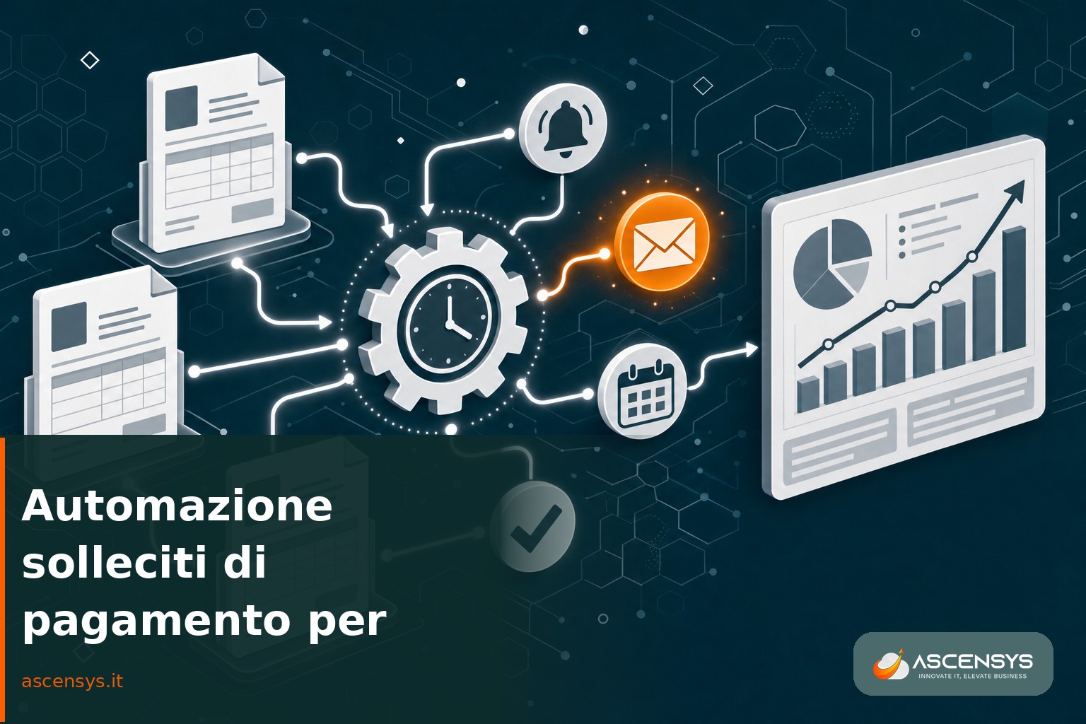 Illustrazione editoriale di un flusso automatico di solleciti di pagamento e scadenzario clienti per una PMI di Torino