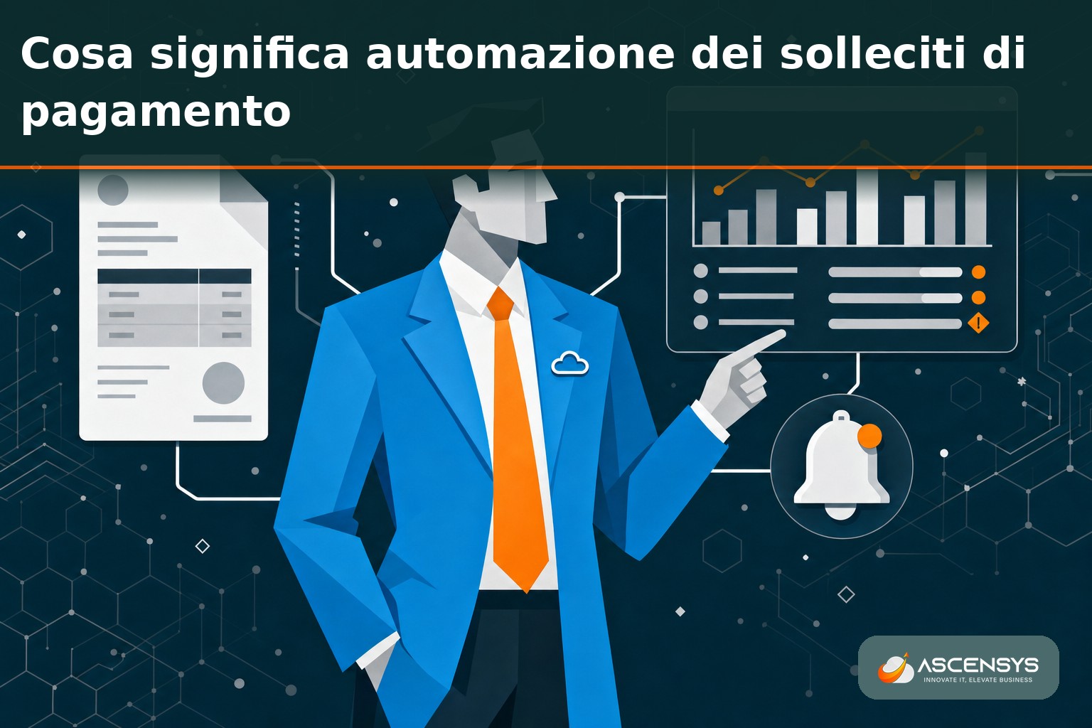 Consulente AscenSys mostra a un imprenditore di Torino il cruscotto dei solleciti di pagamento automatici su un monitor