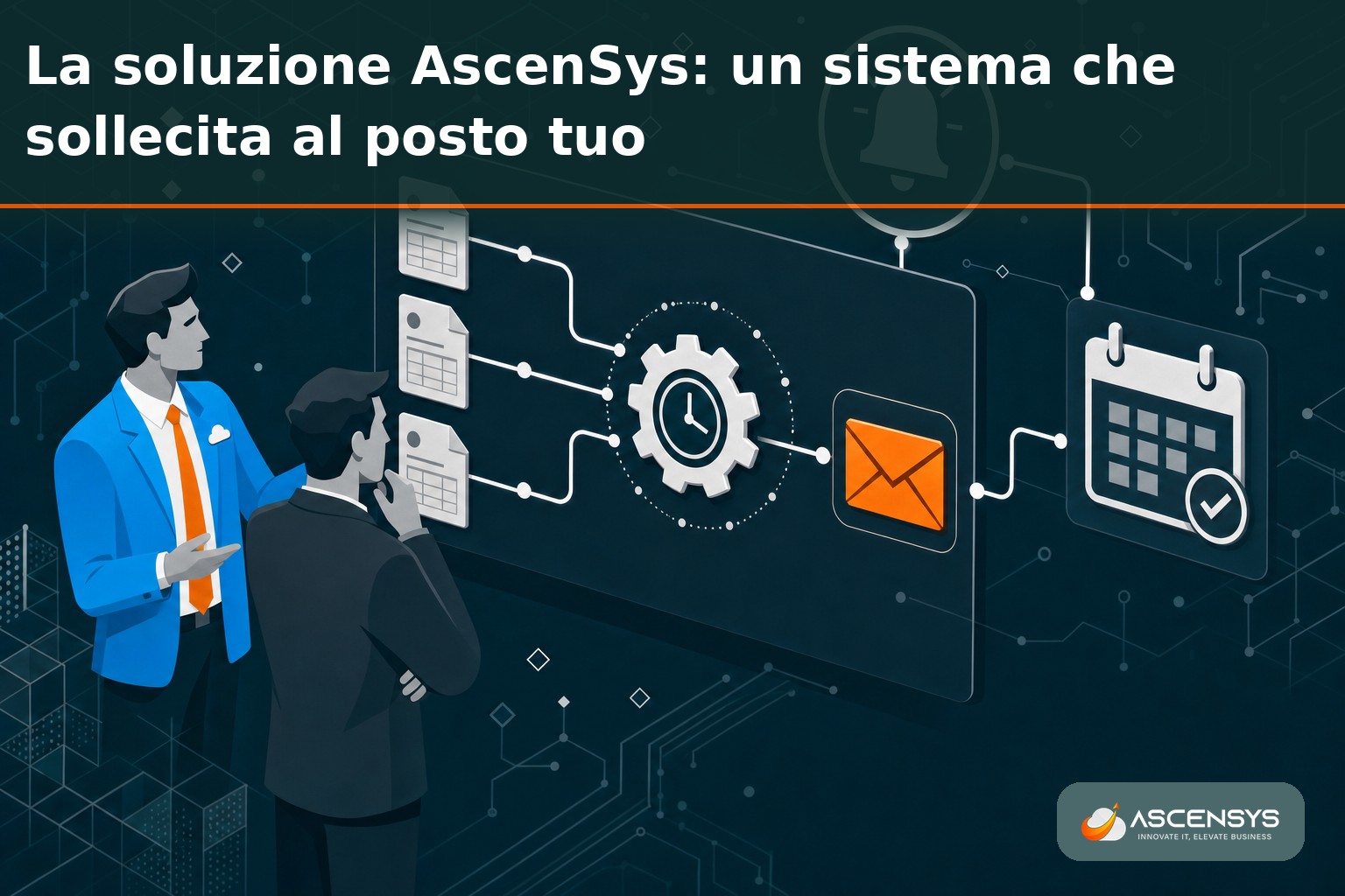 Consulente AscenSys e titolare di una PMI di Torino configurano insieme i solleciti di pagamento automatici su una dashboard dei crediti