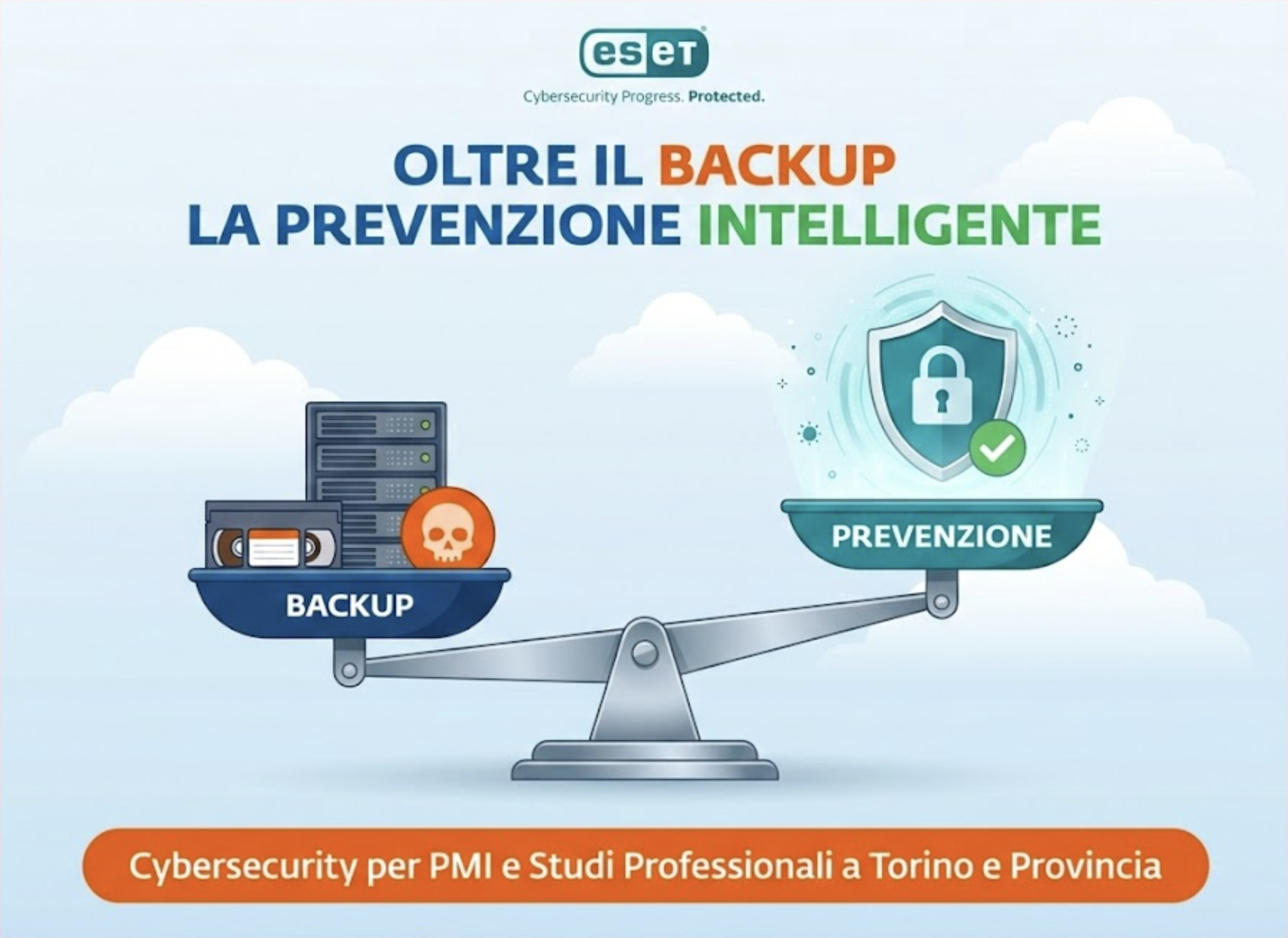 Cybersecurity per PMI e studi professionali a Torino: confronto tra backup tradizionale e prevenzione intelligente con protezione ESET.