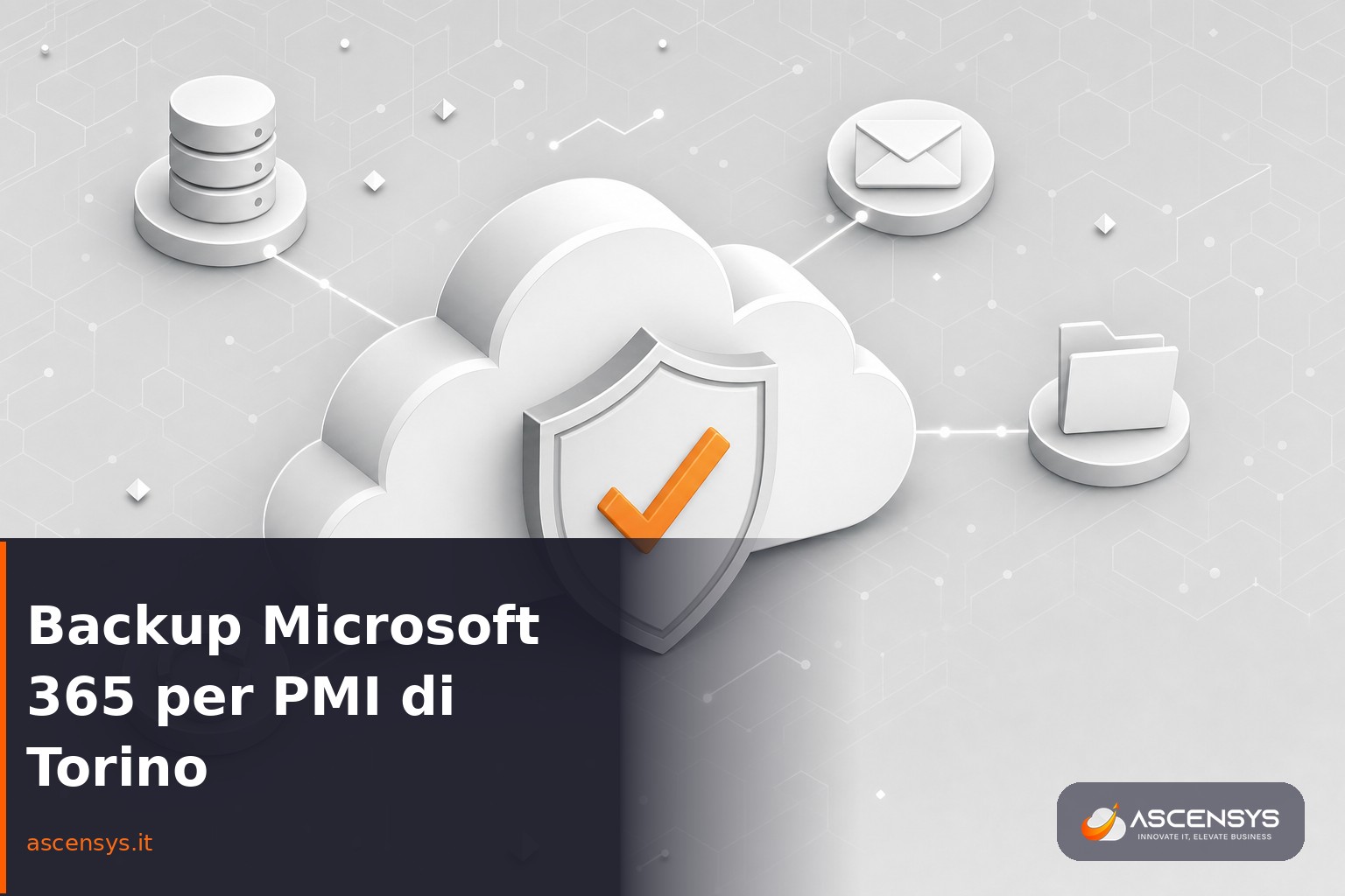 Backup di Microsoft 365 per le PMI di Torino: cloud, scudo e database in stile illustrazione che rappresentano la copia esterna dei dati e il modello di responsabilità condivisa