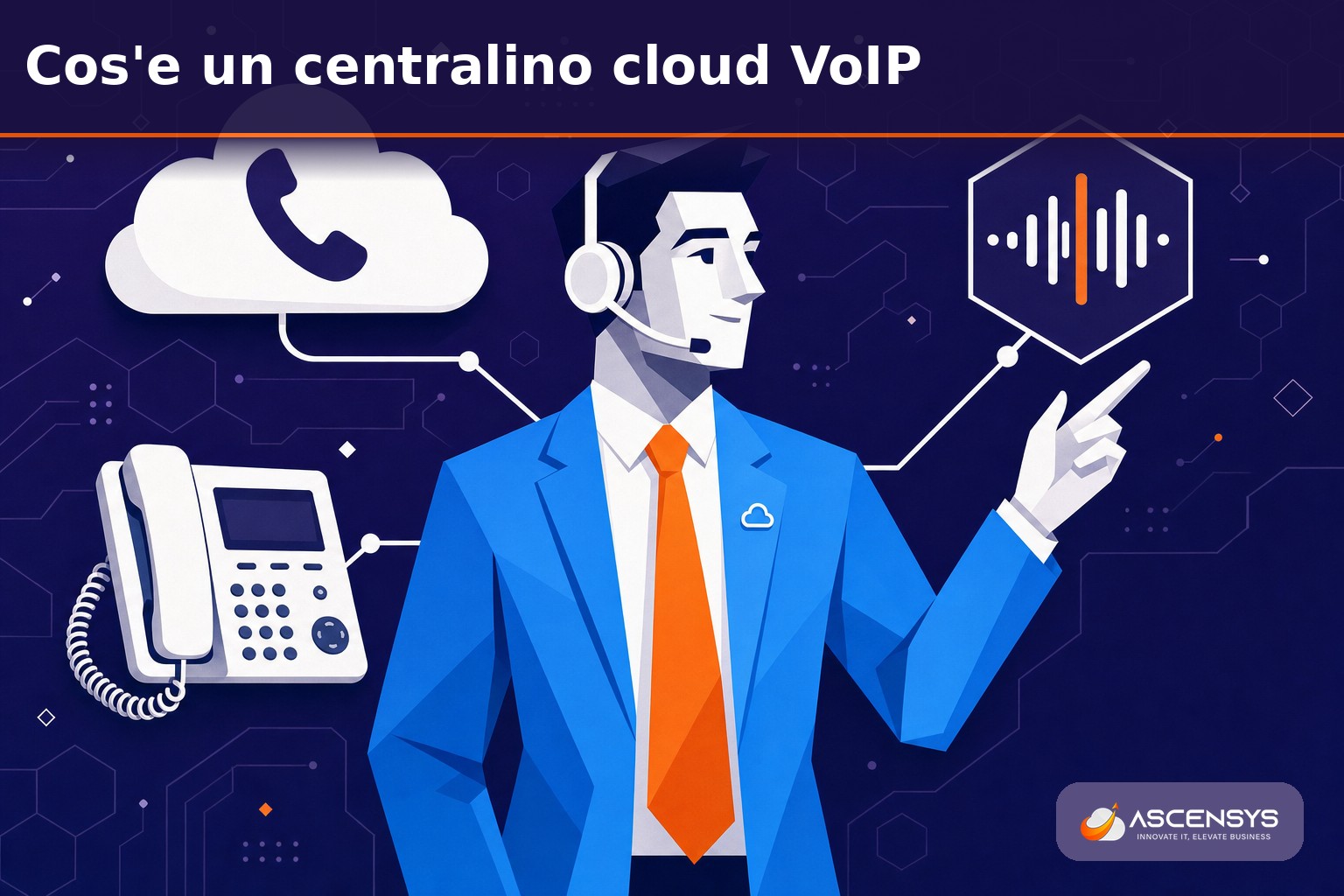 Consulente AscenSys illustra a una PMI di Torino un centralino cloud VoIP con cloud, telefono IP e instradamento delle chiamate su internet
