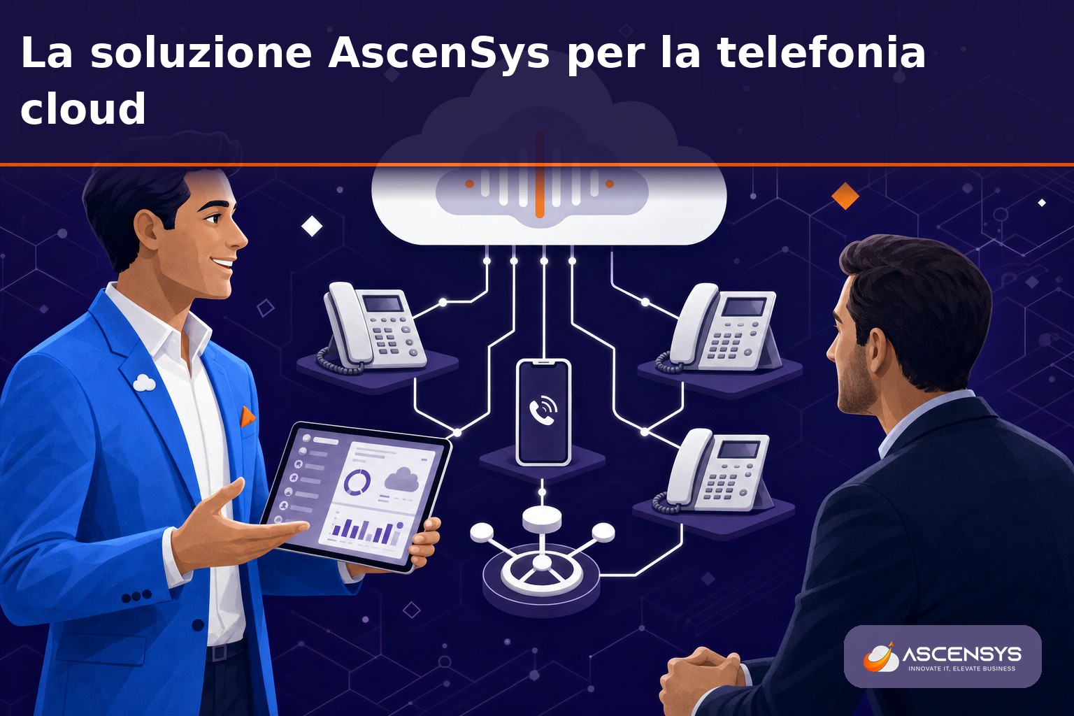 AscenSys mostra a una PMI di Torino un centralino cloud VoIP che collega un cloud a telefoni IP, smartphone e piu sedi tramite instradamento delle chiamate