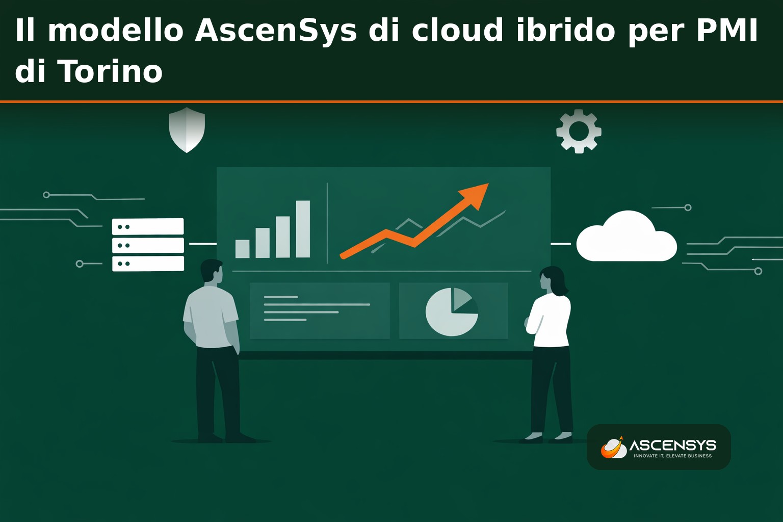 Architetto cloud AscenSys progetta una infrastruttura ibrida per una PMI di Torino: server Hyper-V on-premise collegato a Microsoft Azure tramite VPN site-to-site, con backup StrongBox Cloud e protezione ESET