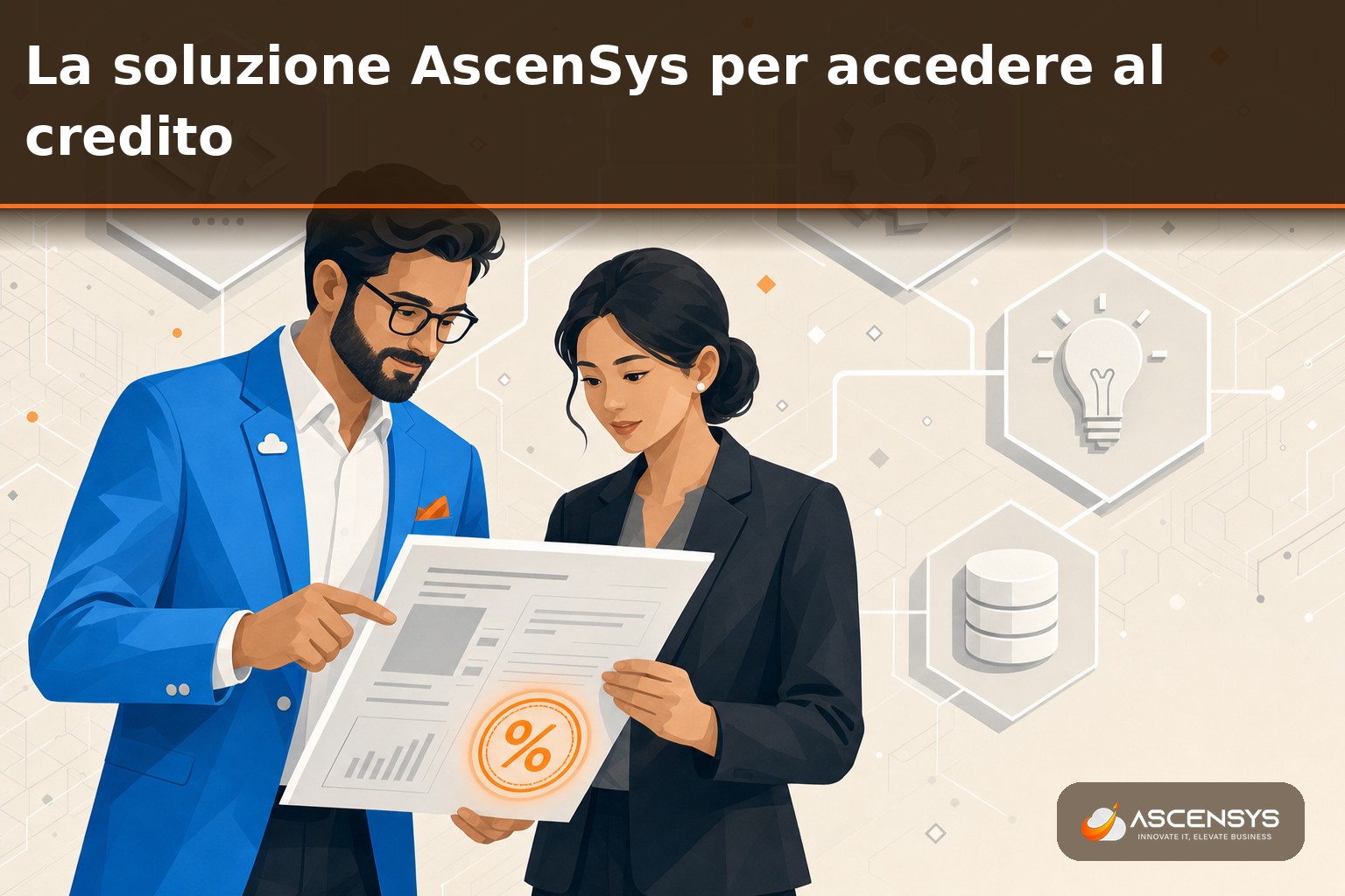 Consulente AscenSys e titolare di una PMI di Torino esaminano insieme la documentazione tecnica di un progetto di ricerca e sviluppo IT