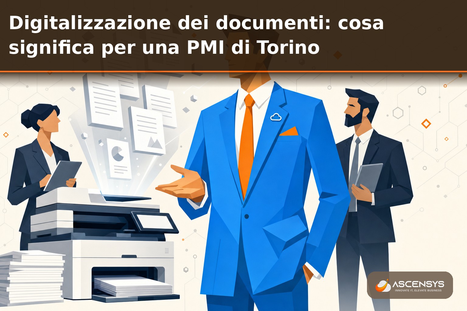 Consulente AscenSys mostra a una PMI di Torino come digitalizzare i documenti cartacei con una multifunzione trasformandoli in un archivio digitale ricercabile