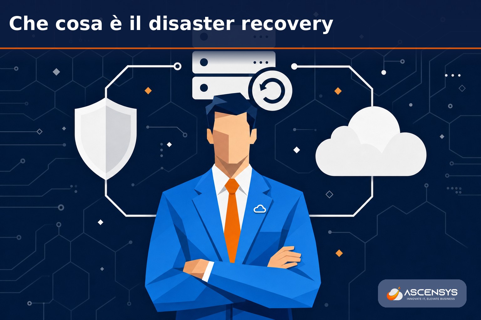Consulente AscenSys spiega a un imprenditore di Torino come funziona un piano di disaster recovery per proteggere i dati aziendali