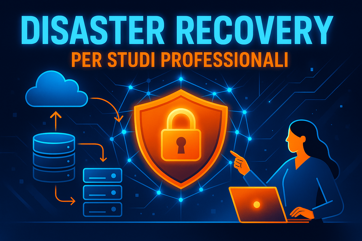 Disaster Recovery per studi professionali con server, cloud e scudo di sicurezza