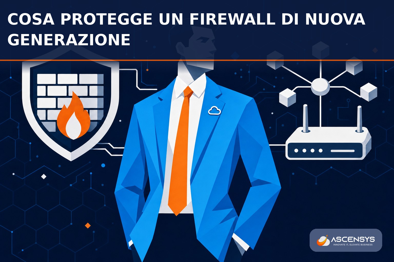 Consulente AscenSys mostra a una PMI di Torino come un firewall di nuova generazione filtra il traffico e blocca le minacce sulla rete aziendale