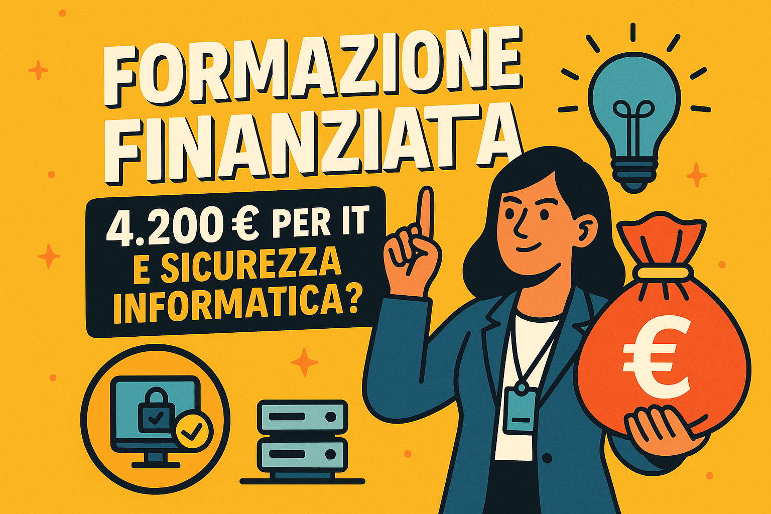 Donna con valigetta e sacco di euro presenta finanziamento di 4.200 € per formazione informatica