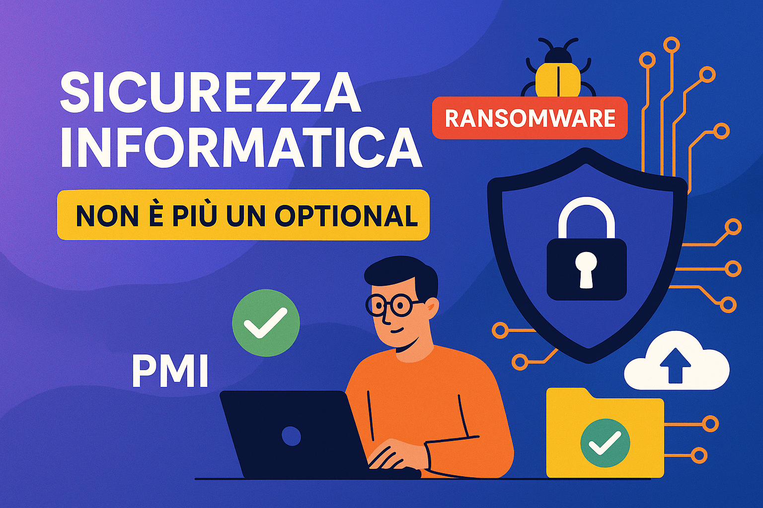 Infografica sicurezza informatica per PMI con scudo digitale contro ransomware