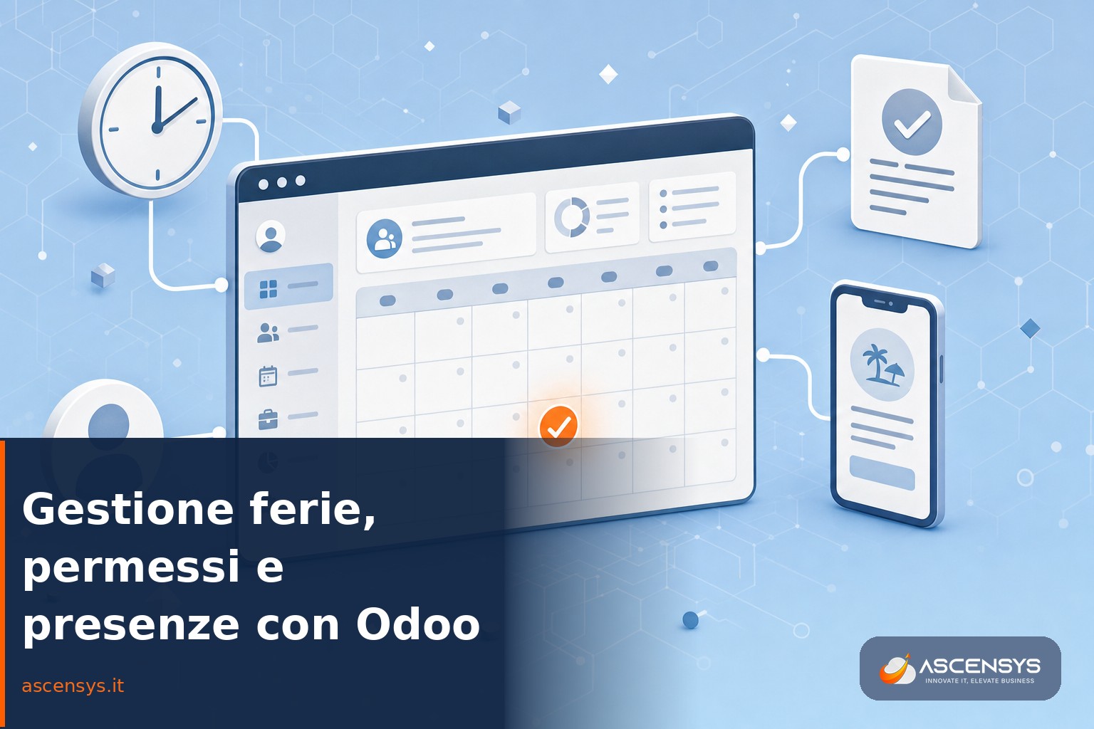 Illustrazione editoriale di un cruscotto Odoo HR per la gestione di ferie, permessi e presenze in una PMI italiana