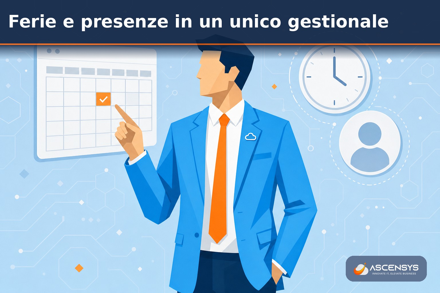 Consulente AscenSys mostra a un imprenditore il portale Odoo HR per richiedere ferie e permessi e registrare le presenze dei dipendenti