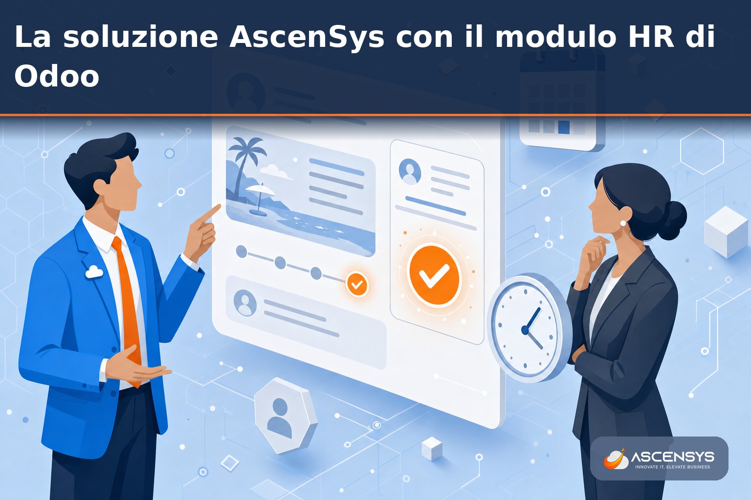 Consulente AscenSys e responsabile del personale di una PMI italiana configurano il modulo Odoo HR per ferie, permessi e presenze