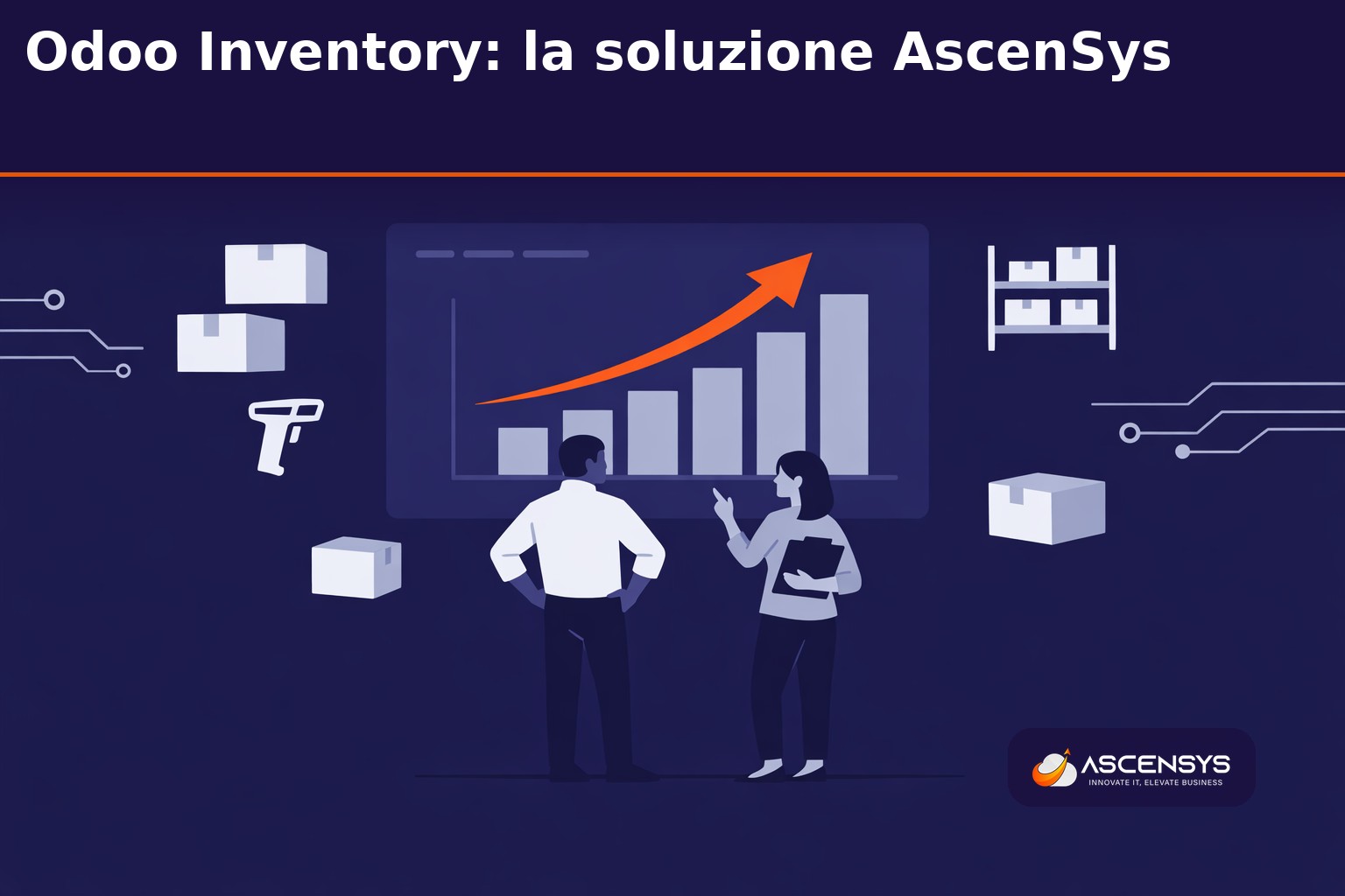 Tecnico AscenSys configura il modulo Odoo Magazzino in una PMI italiana: ubicazioni multilivello, codici a barre, picking guidato e dashboard di inventario in tempo reale