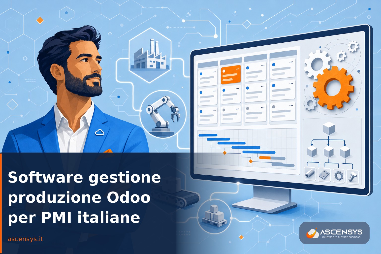 Consulente AscenSys mostra una dashboard di gestione della produzione con Odoo a una PMI manifatturiera italiana