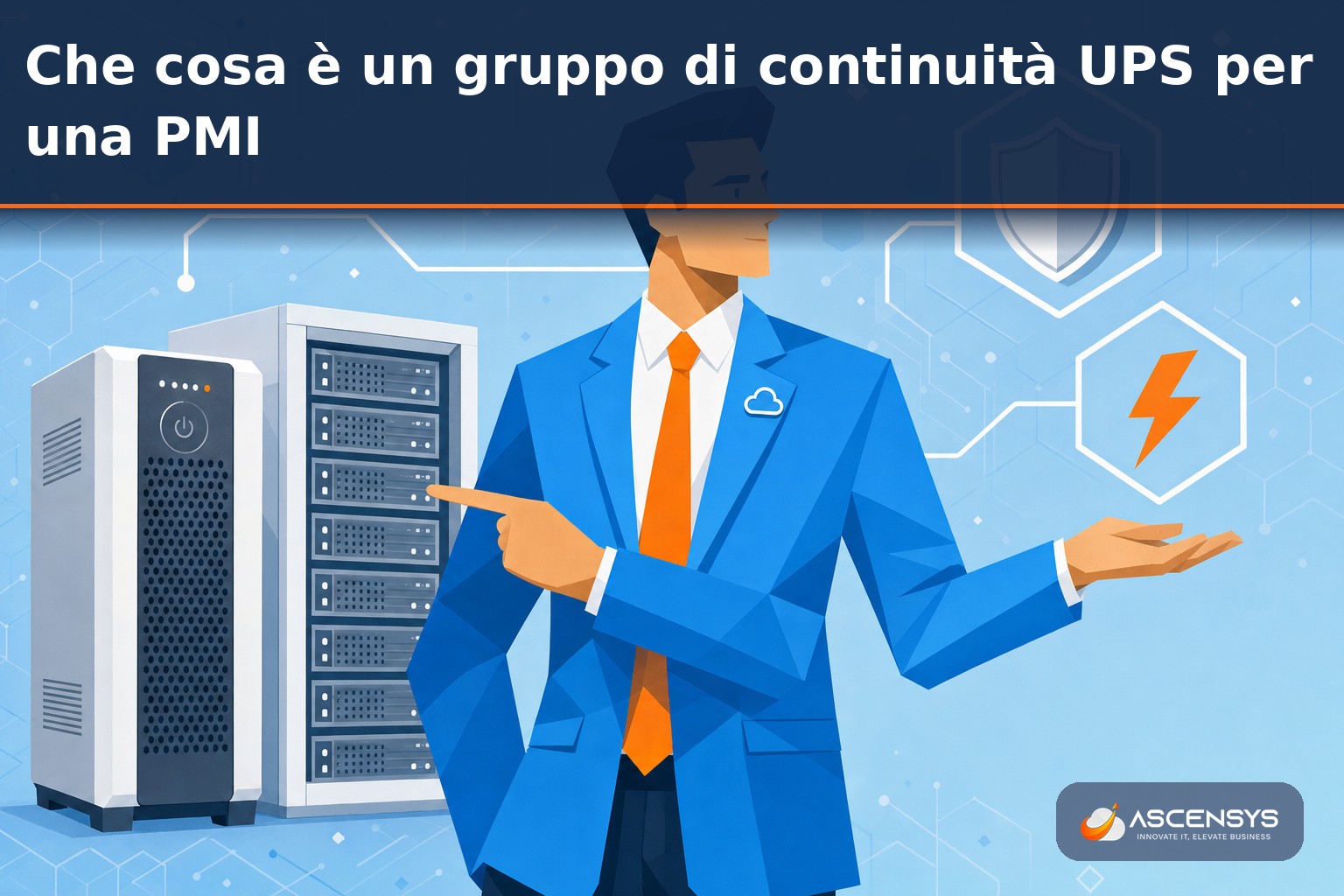Consulente AscenSys mostra a un imprenditore di Torino il gruppo di continuità UPS che protegge server e rete aziendale da blackout e sbalzi