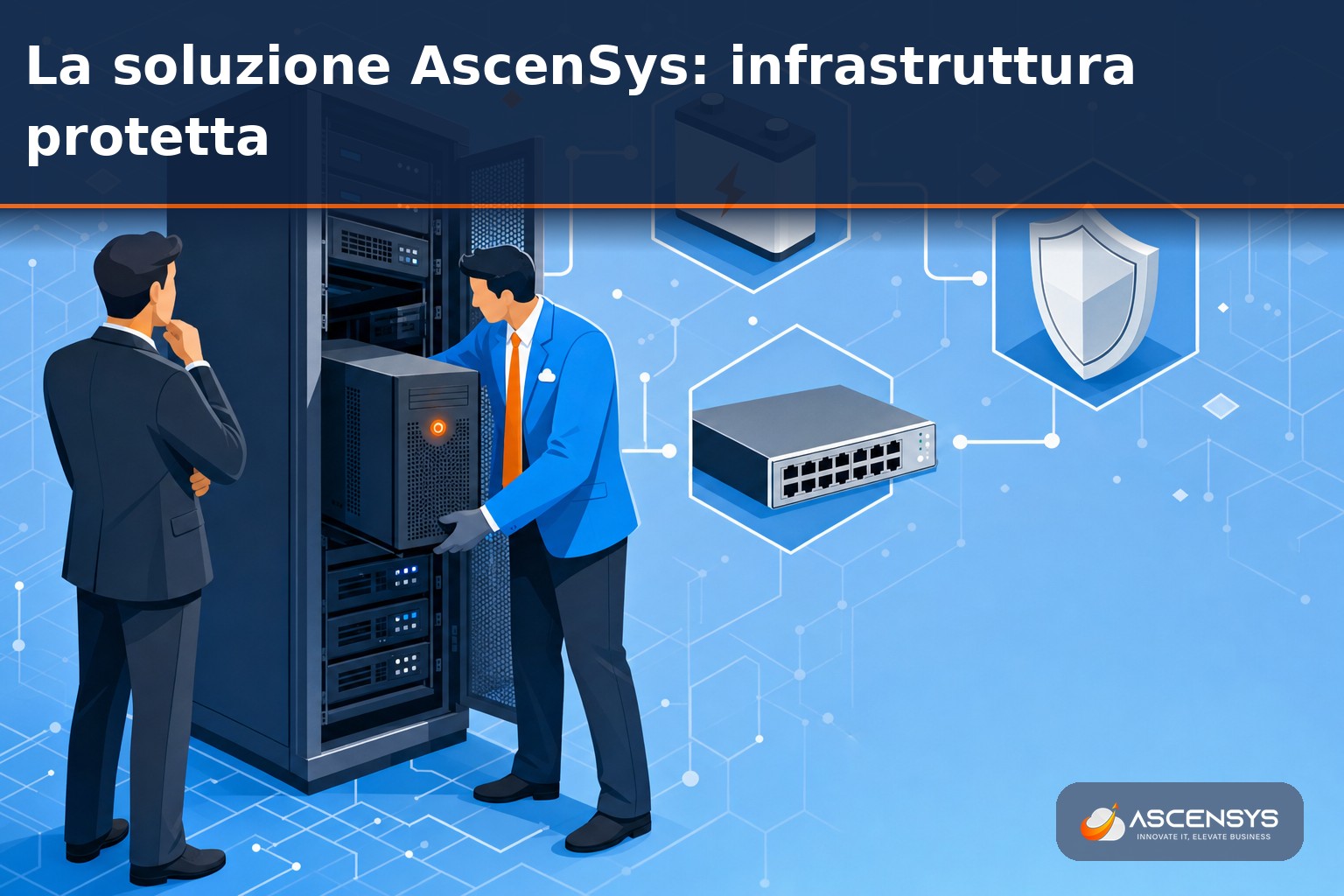 Team AscenSys installa e configura un UPS per il rack server di una PMI di Torino con spegnimento automatico e monitoraggio delle batterie