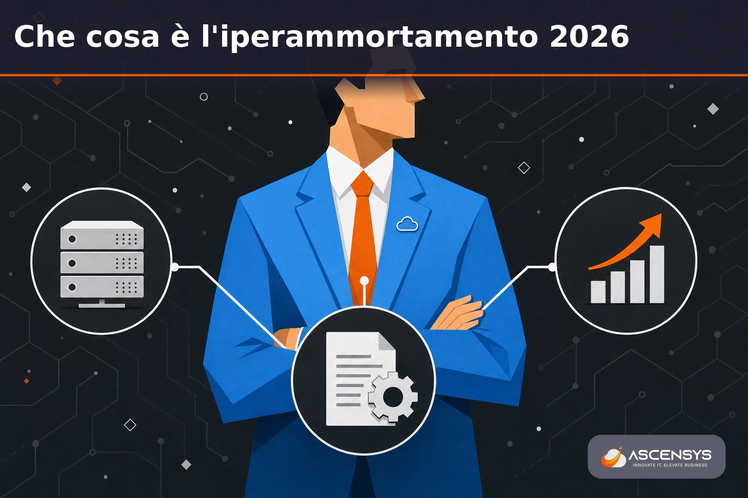 Consulente AscenSys spiega a un imprenditore di Torino come funziona l'iperammortamento 2026 sugli investimenti IT in server, rete e gestionale interconnesso