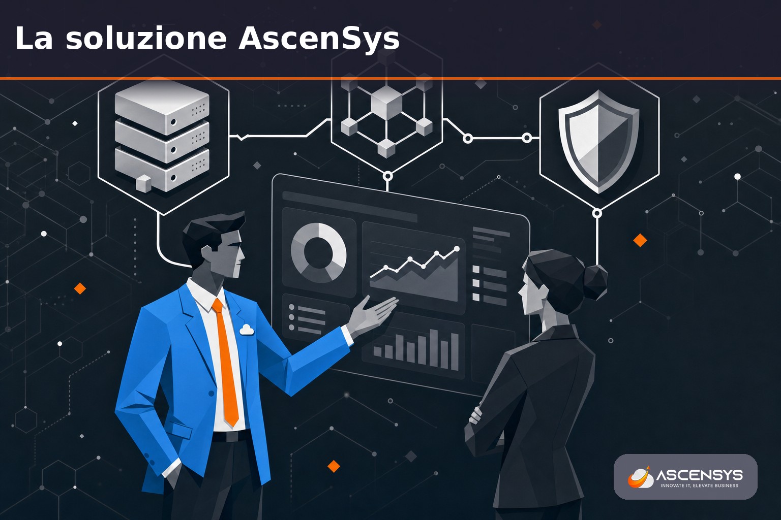 Consulente AscenSys e imprenditore esaminano il progetto di un'infrastruttura IT interconnessa conforme ai requisiti dell'iperammortamento 2026 per una PMI del Piemonte