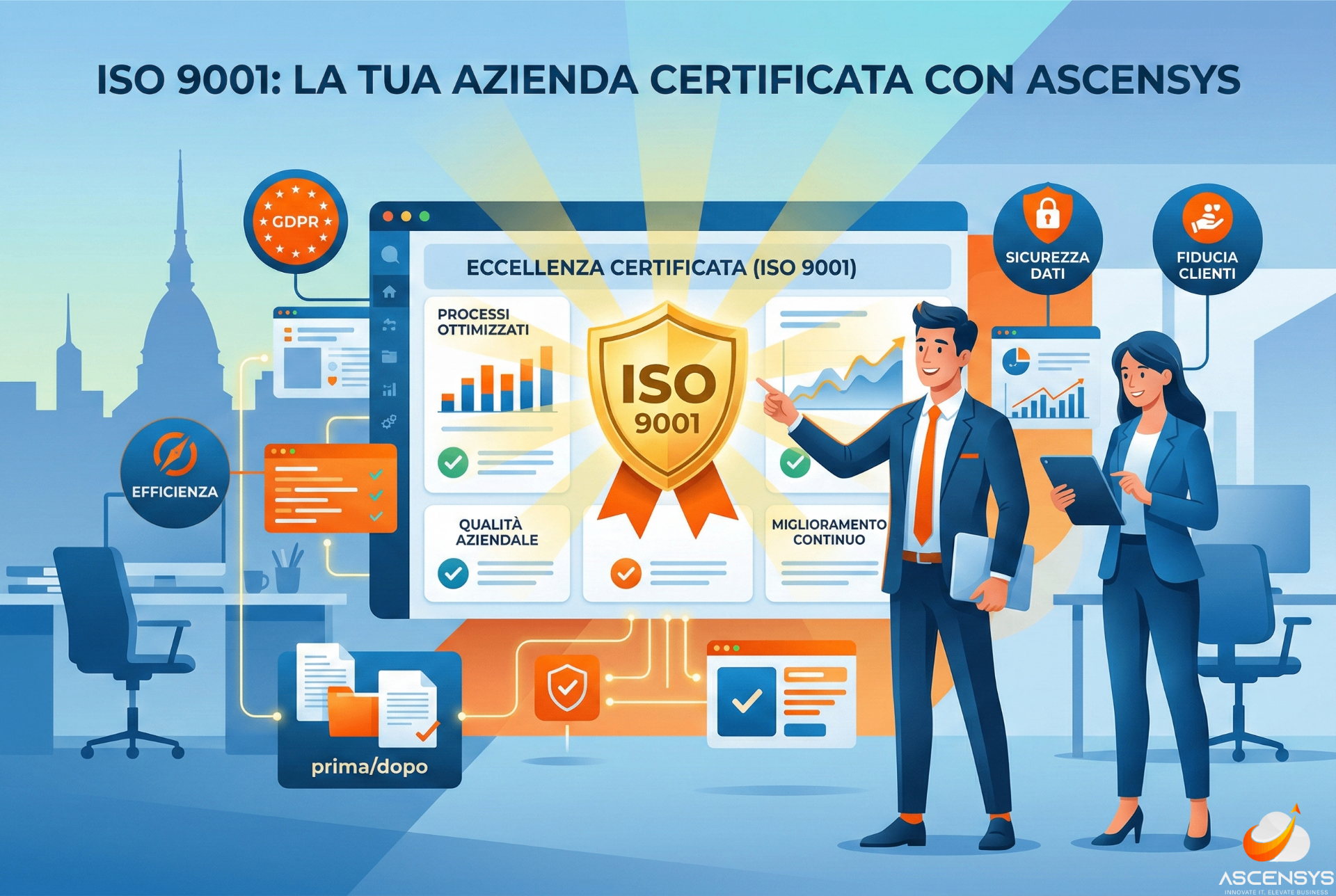 Consulente IT AscenSys presenta dashboard ISO 9001 con processi ottimizzati e certificazione qualità a imprenditore torinese.