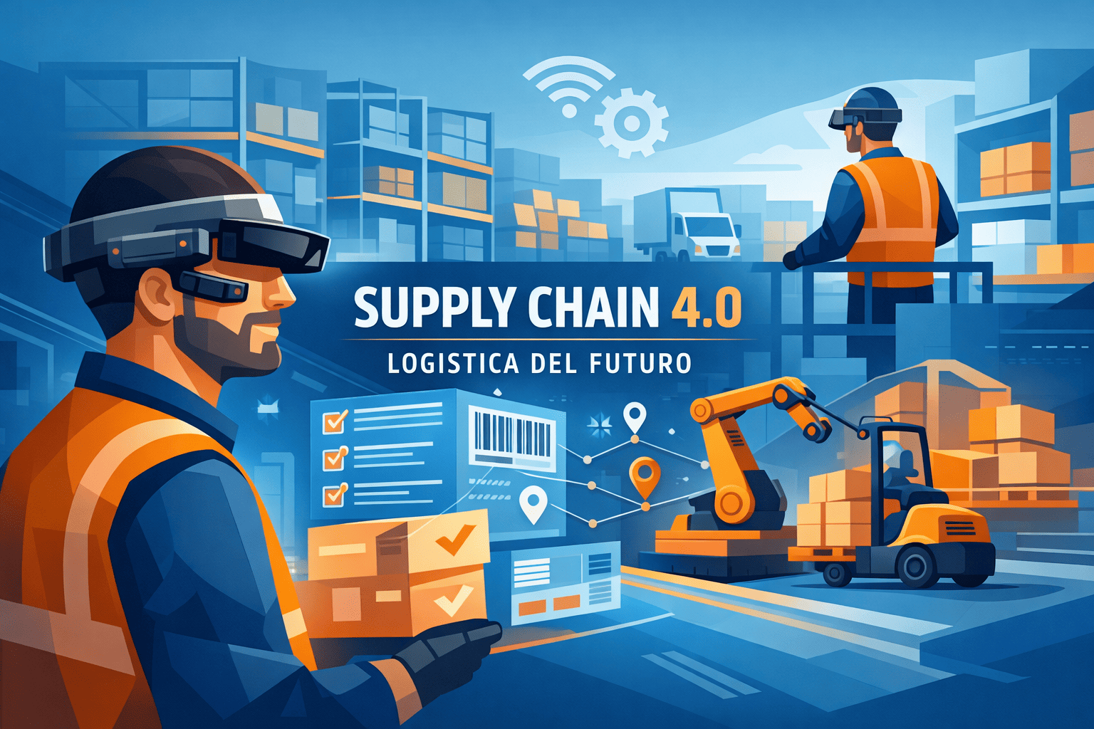 Operatore di magazzino con visore RealWear hands-free per logistica 4.0 e supply chain ottimizzata