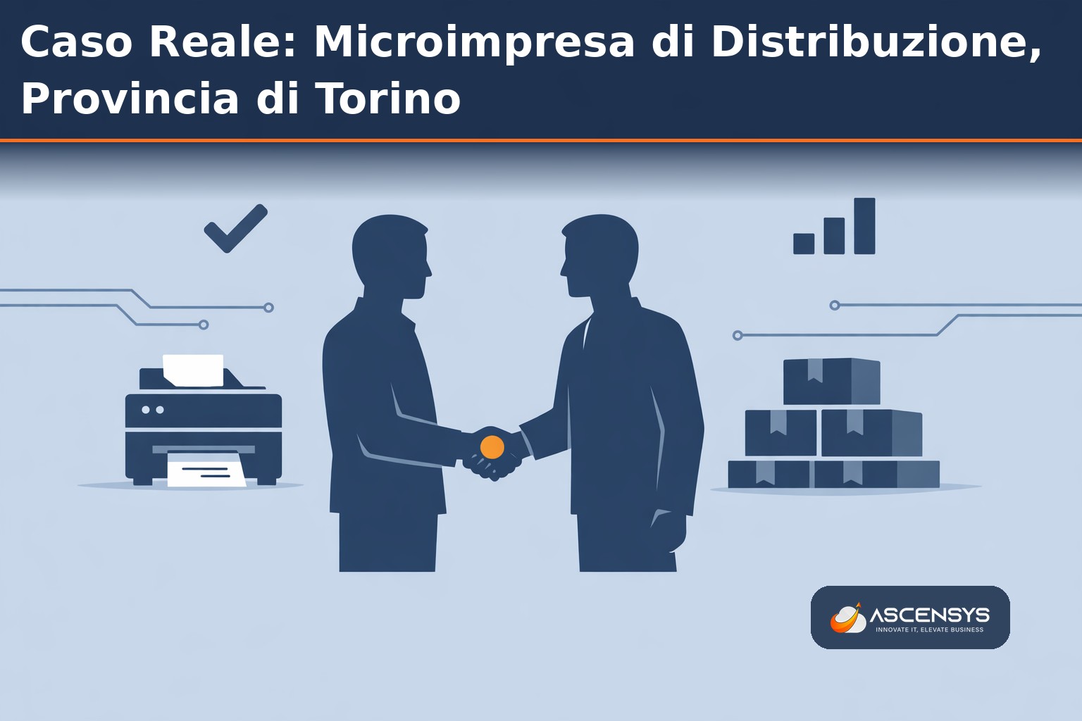 Microimpresa di distribuzione della provincia di Torino con parco stampanti OKI gestito in Managed Print Services da AscenSys: ufficio commerciale con multifunzione condivisa, badge per pull printing e dashboard di monitoraggio