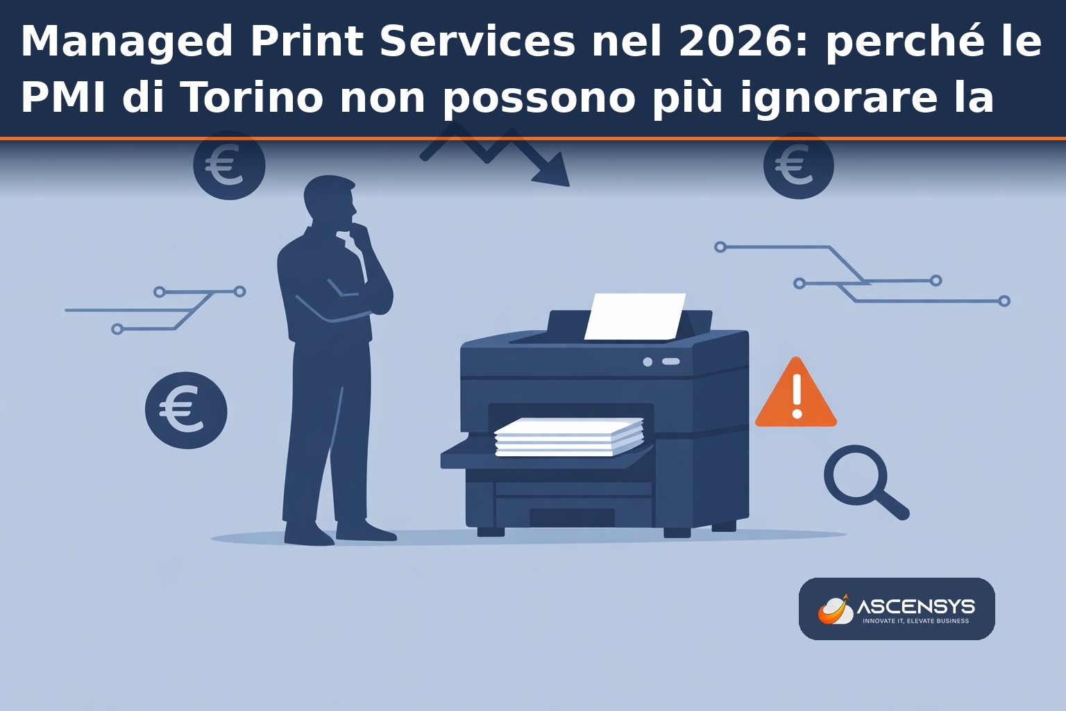 Ufficio di una PMI di Torino con parco stampanti monitorato da un sistema di Managed Print Services centralizzato: dashboard con contatori di stampa, costi per pagina e stato dei consumabili