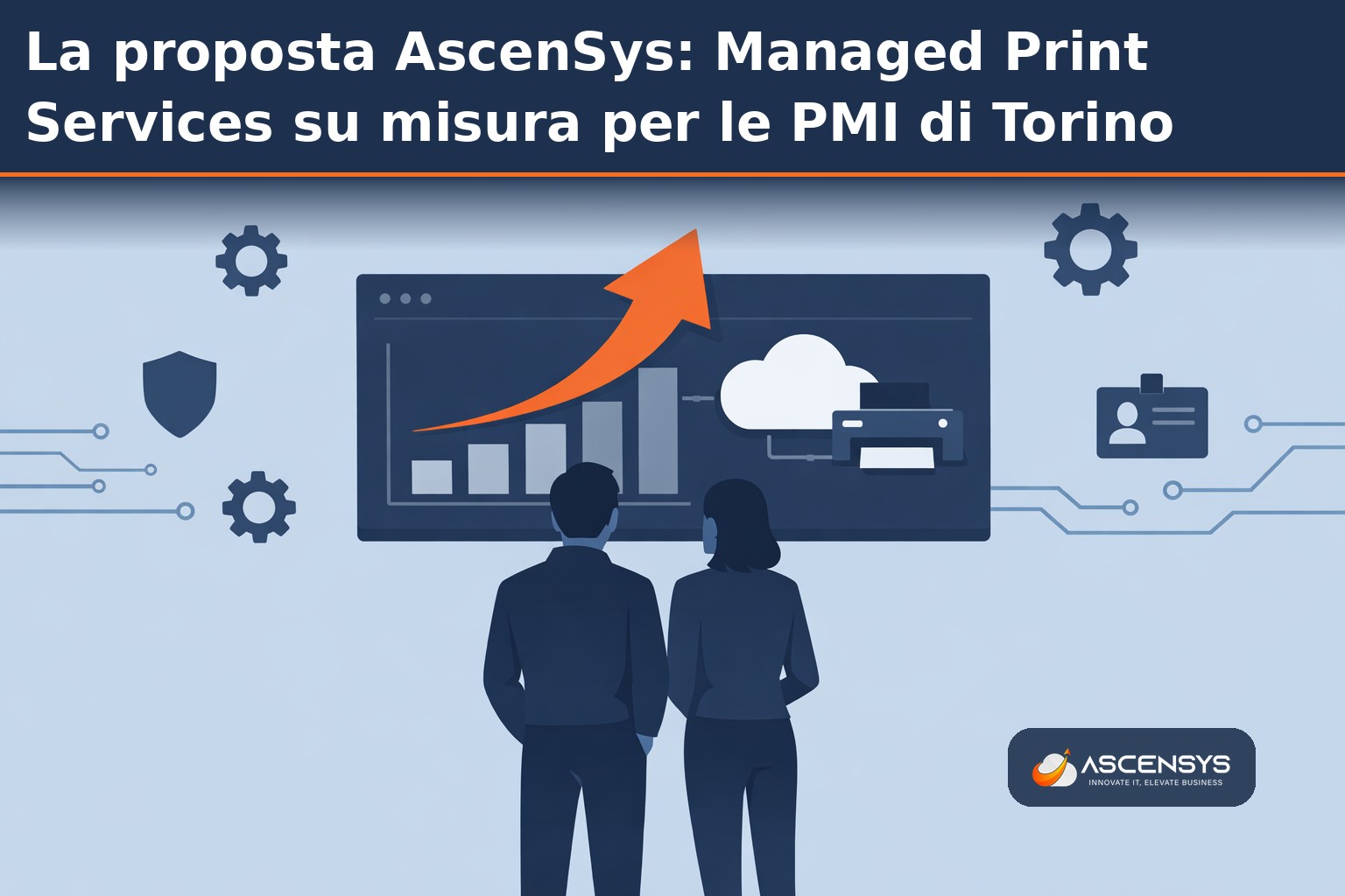 Tecnico AscenSys configura un servizio di Managed Print Services in una PMI di Torino: dashboard di monitoraggio centralizzato con contatori di stampa, stato consumabili e regole di pull printing su multifunzione OKI