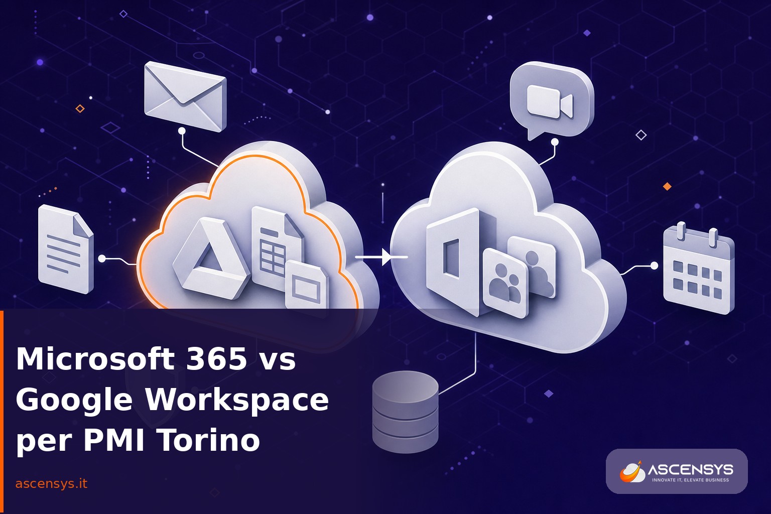 Confronto illustrato tra le suite cloud Microsoft 365 e Google Workspace per la produttività di una PMI di Torino