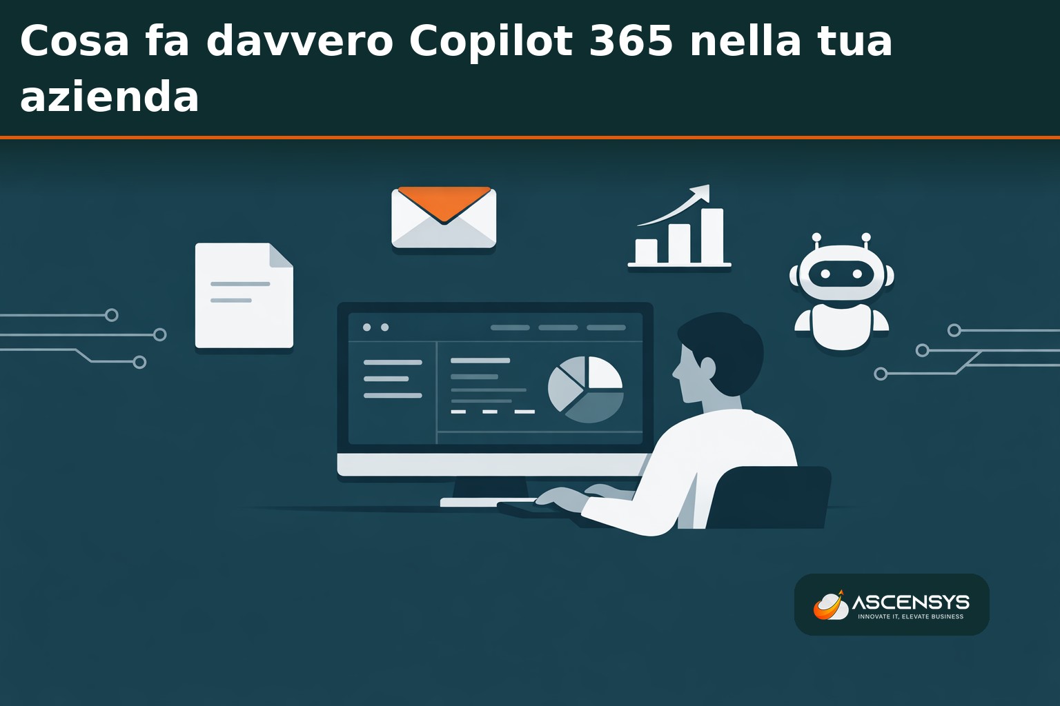 Dipendente di una PMI torinese lavora con Microsoft Copilot 365 su schermo che mostra riassunti di riunione Teams e bozze email generate da intelligenza artificiale nel 2026