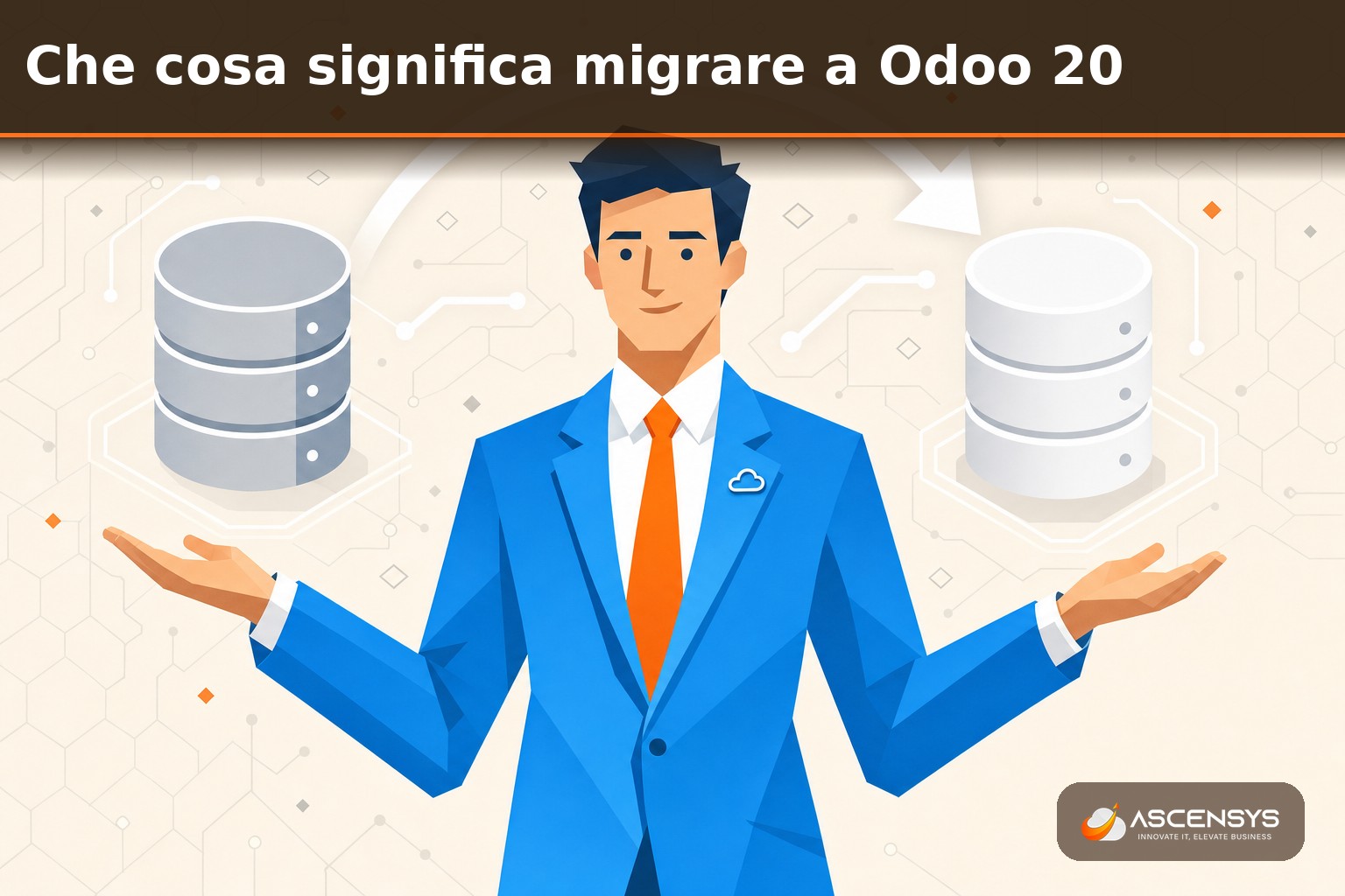Consulente AscenSys spiega a un imprenditore italiano le fasi di una migrazione del gestionale a Odoo 20