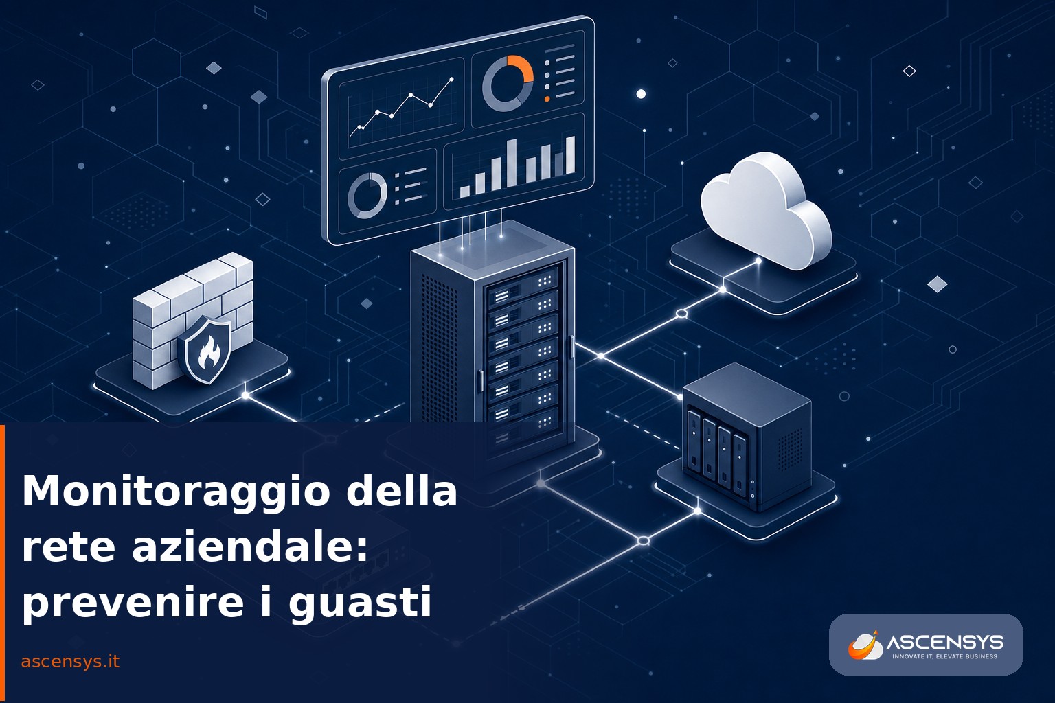 Illustrazione isometrica di un centro di monitoraggio della rete aziendale per una PMI di Torino con dashboard e nodi di rete
