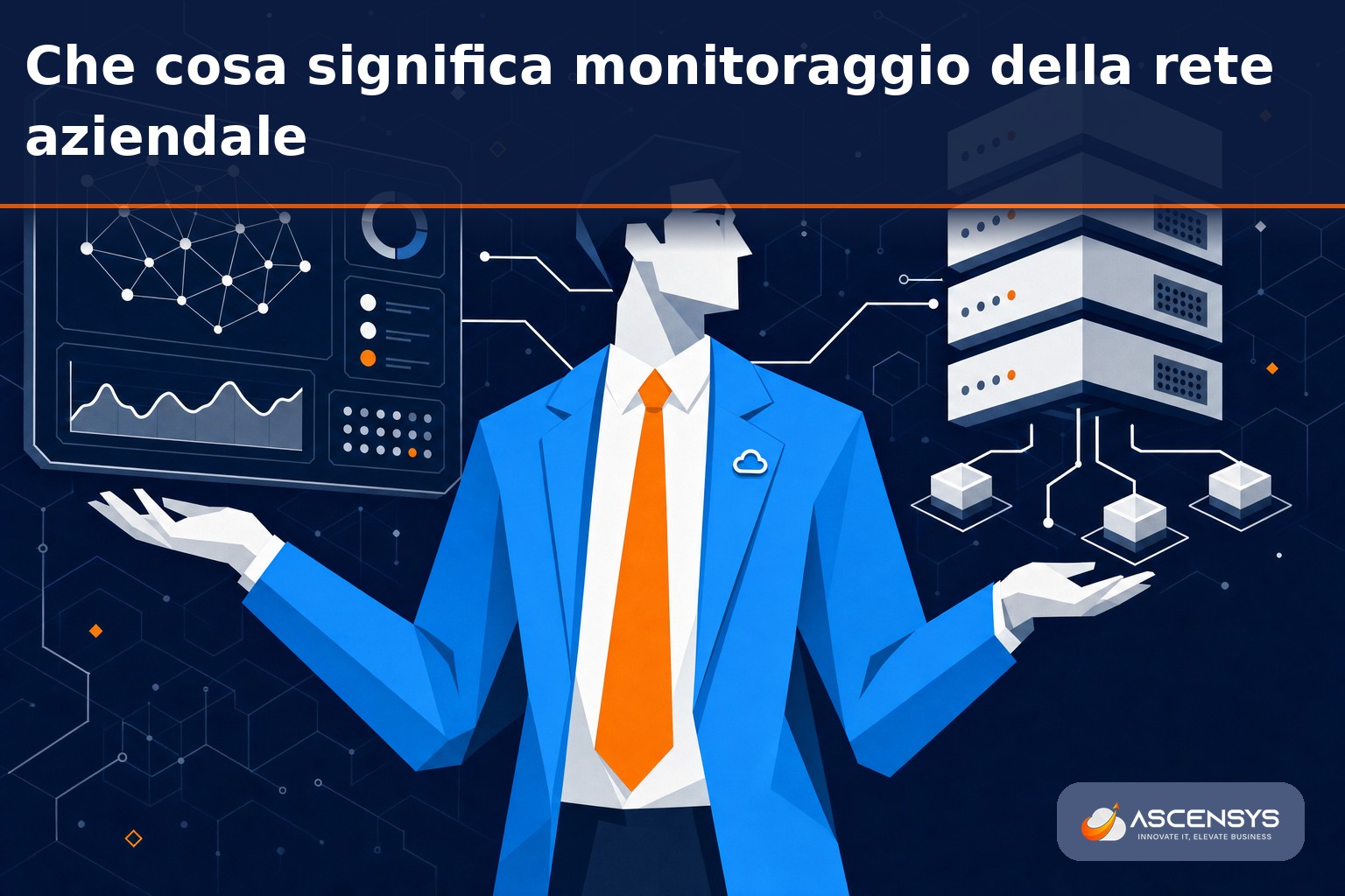 Tecnico AscenSys osserva una dashboard di monitoraggio della rete aziendale di una PMI di Torino con server e nodi di rete