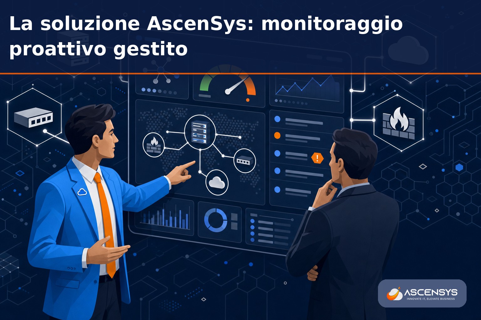 Consulente AscenSys e titolare di una PMI di Torino osservano gli avvisi del monitoraggio proattivo della rete su una dashboard