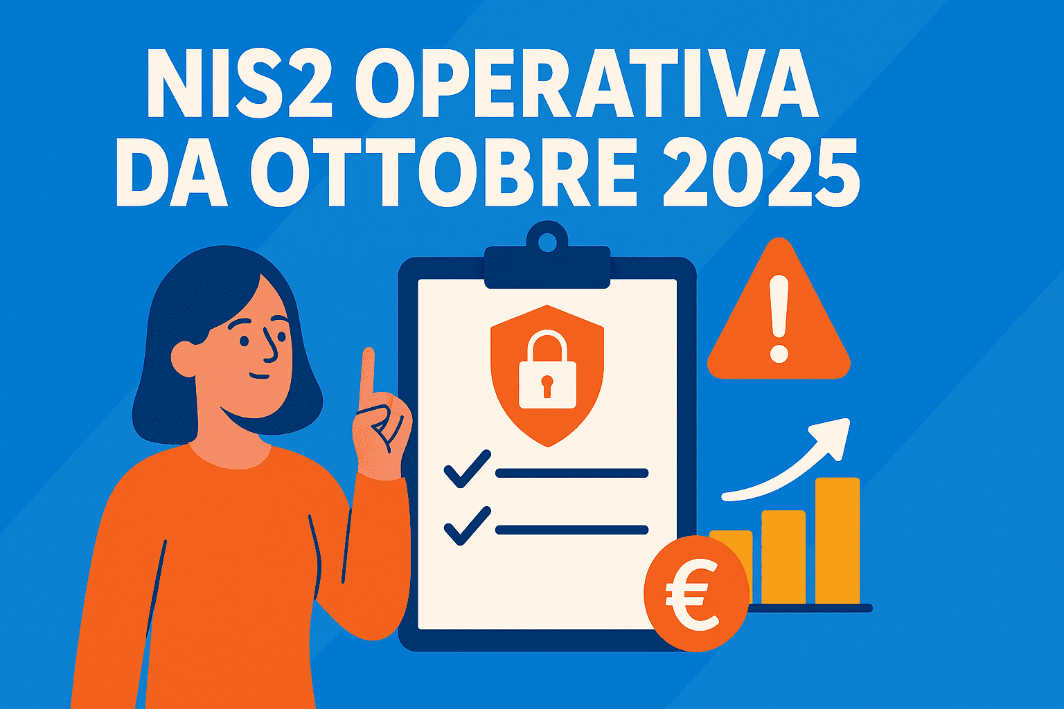 Illustrazione digitale pop sulla conformità alla Direttiva NIS2 con check-list e lucchetto