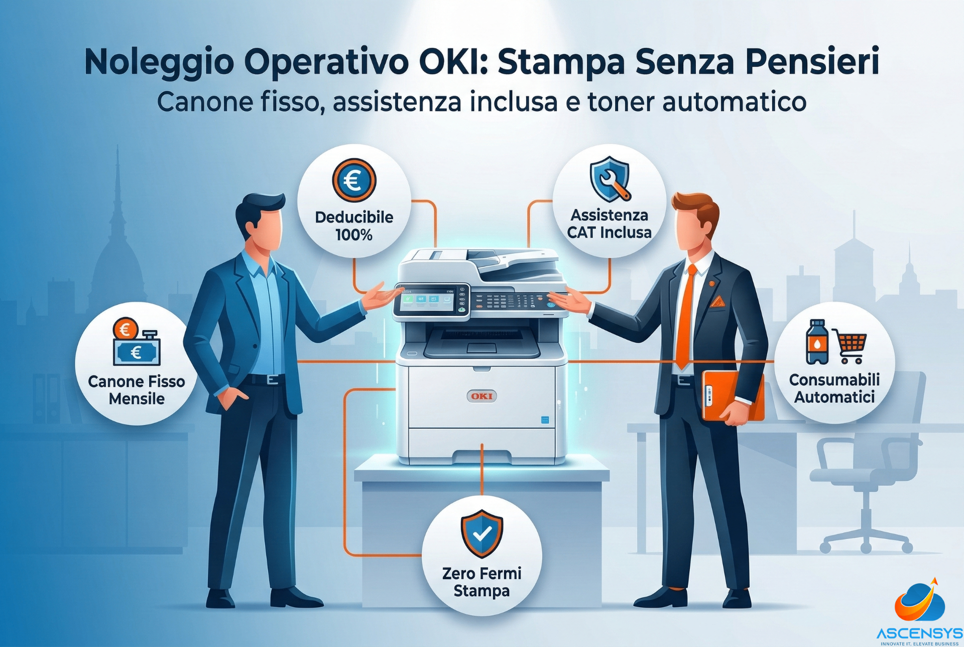 Imprenditore torinese e consulente AscenSys presentano stampante multifunzione OKI a noleggio operativo con benefici