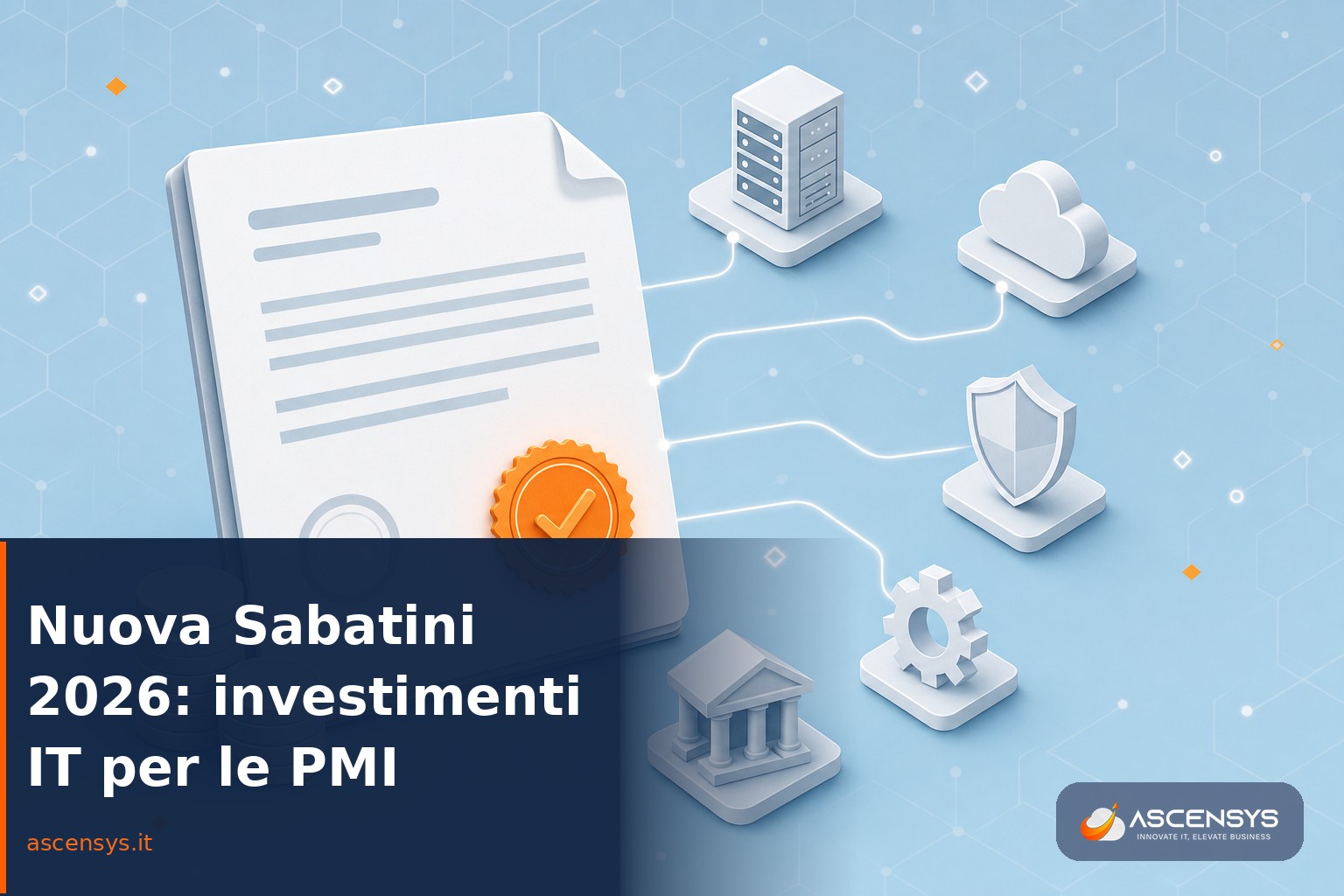 Nuova Sabatini 2026 per PMI di Torino: documento di finanziamento con timbro, monete e icone di server e cloud in stile illustrazione che rappresentano gli investimenti IT agevolati