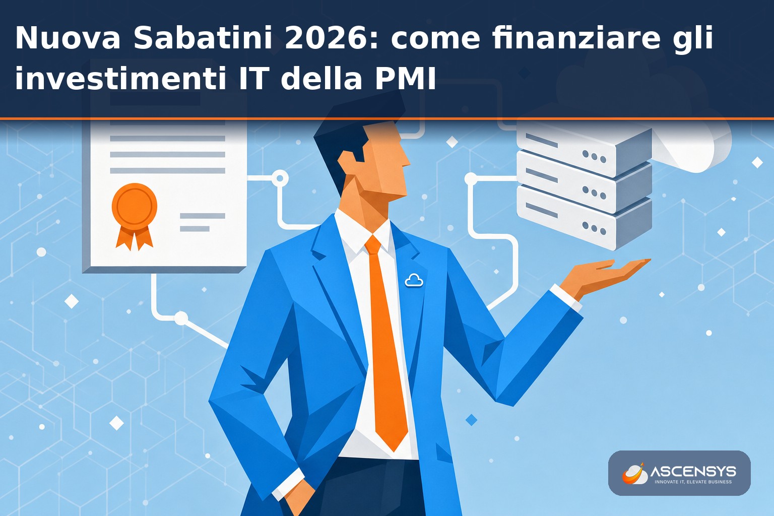 Consulente AscenSys spiega a una PMI di Torino come la Nuova Sabatini 2026 finanzia investimenti in server, software e cloud con il contributo MIMIT sugli interessi